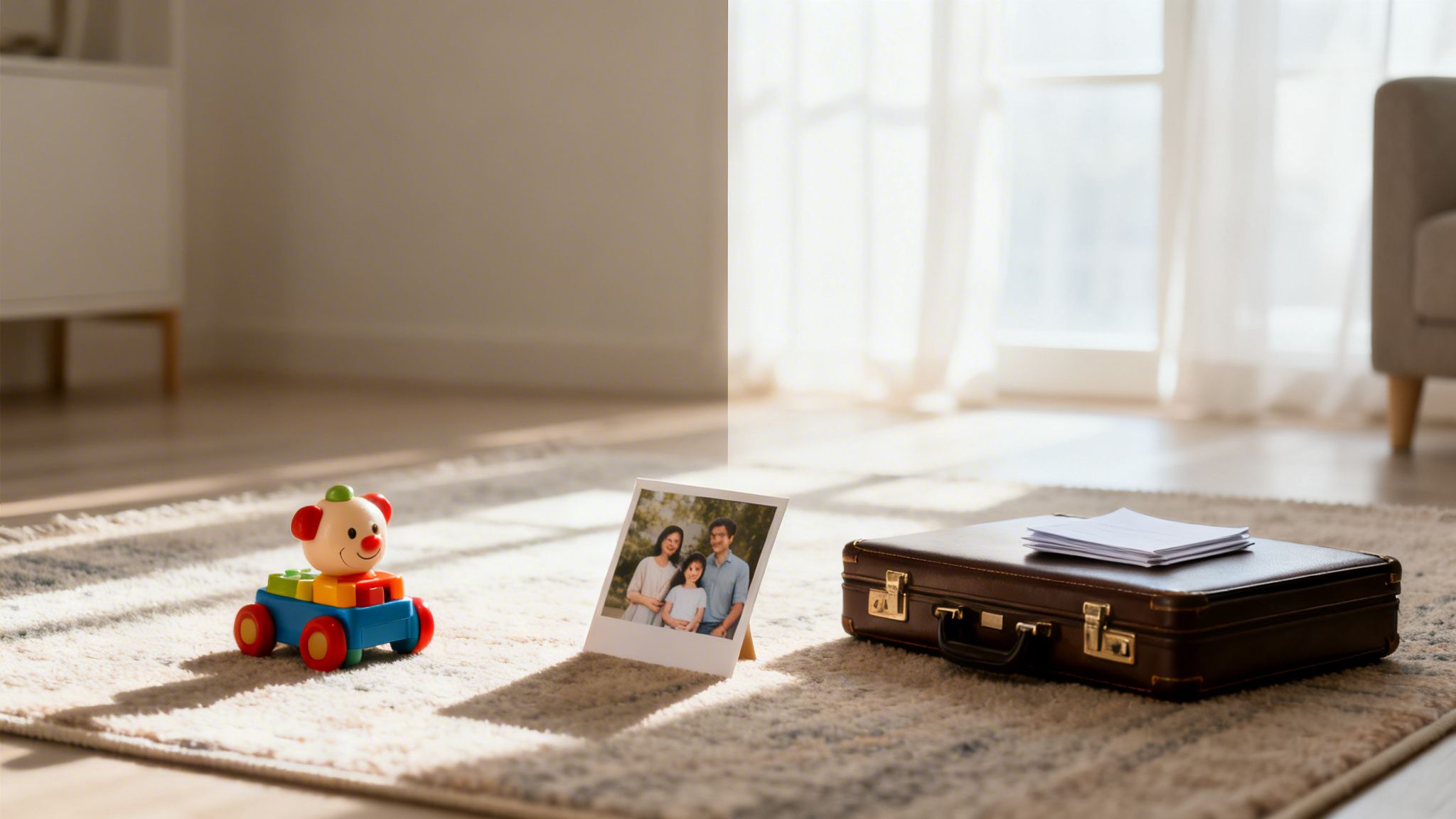A child's toy, a family photo, and a briefcase with papers are on a rug in a bright room.