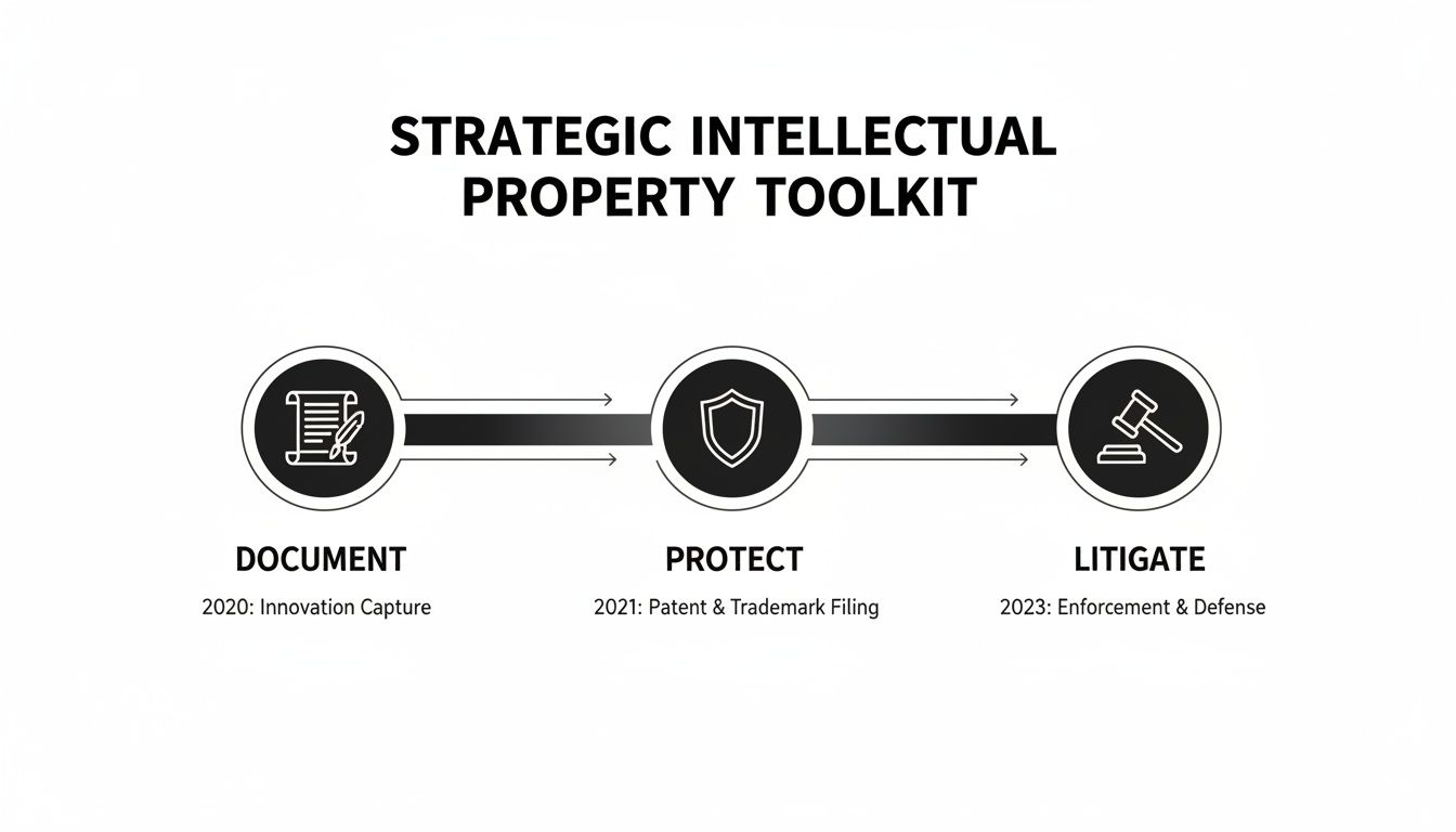 A strategic intellectual property toolkit outlining steps to document, protect, and litigate IP.