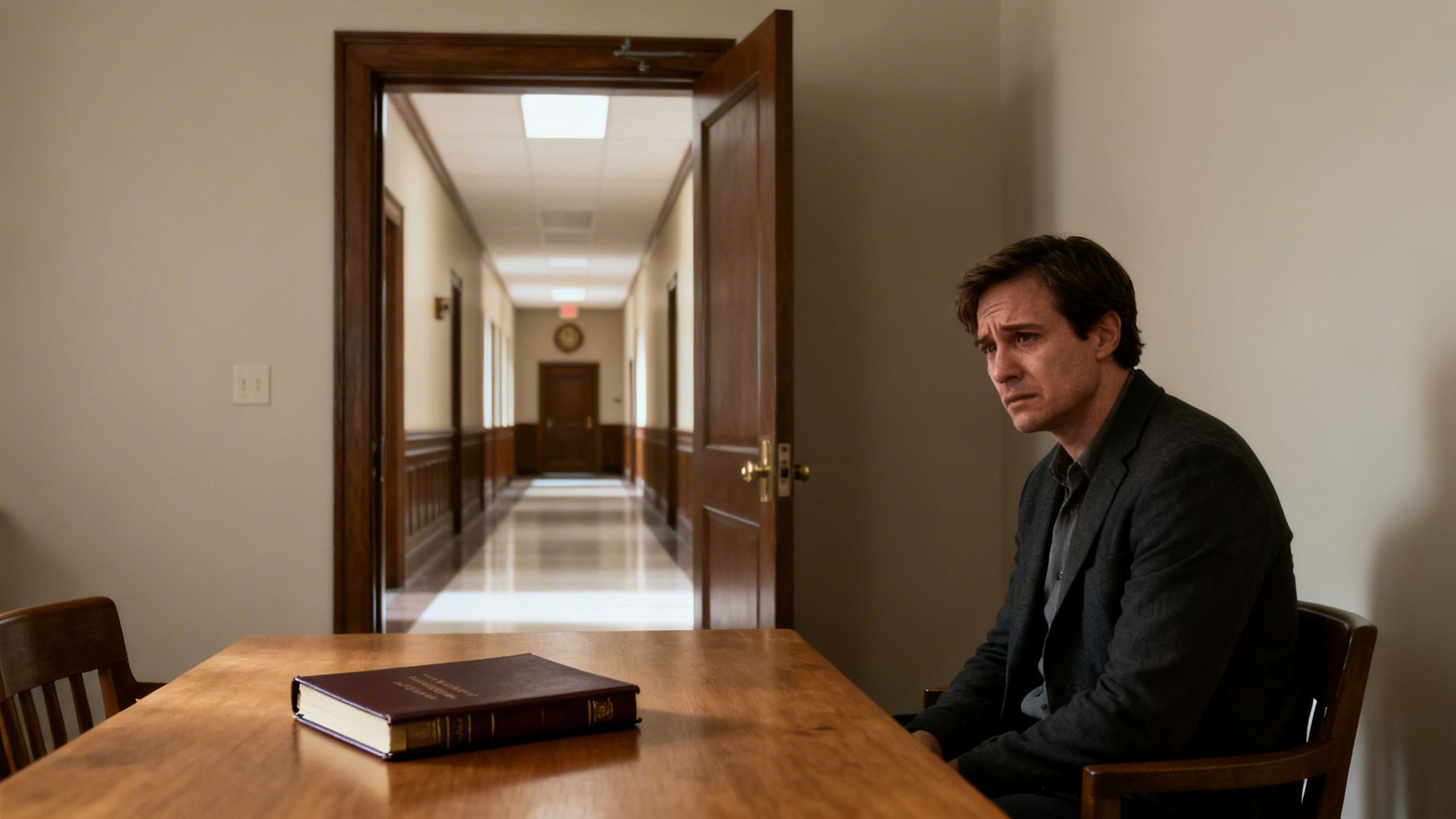 A distressed man sits at a table with a book, looking down a long, empty hallway.