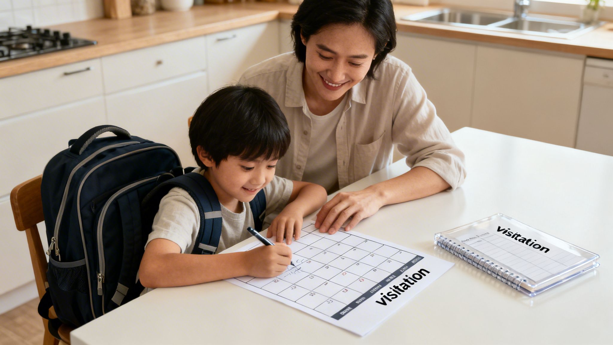 A smiling mother and son are at a kitchen table, scheduling child visitation on a calendar.