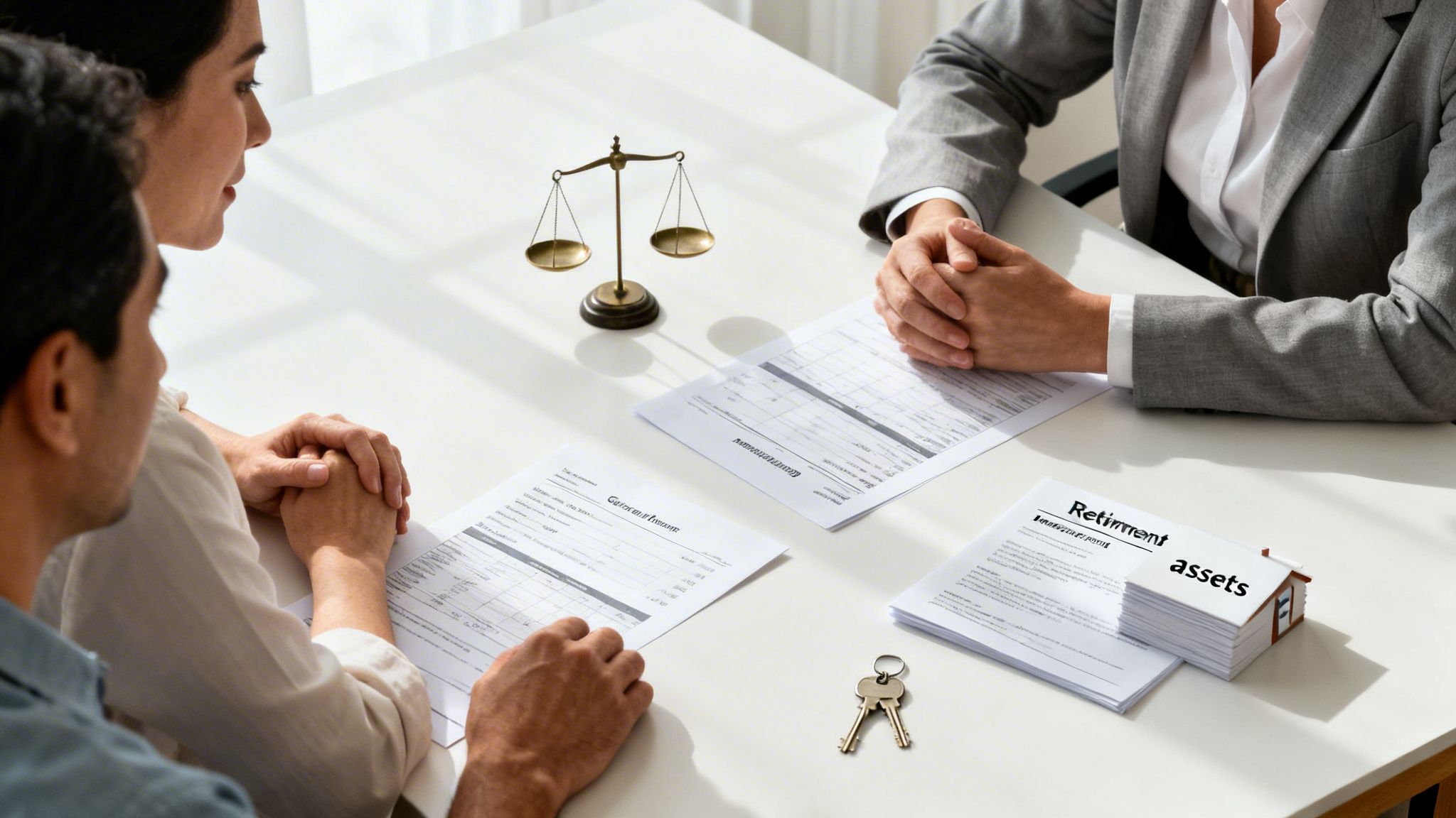 A couple discussing legal documents and assets with a professional, featuring a scale of justice.