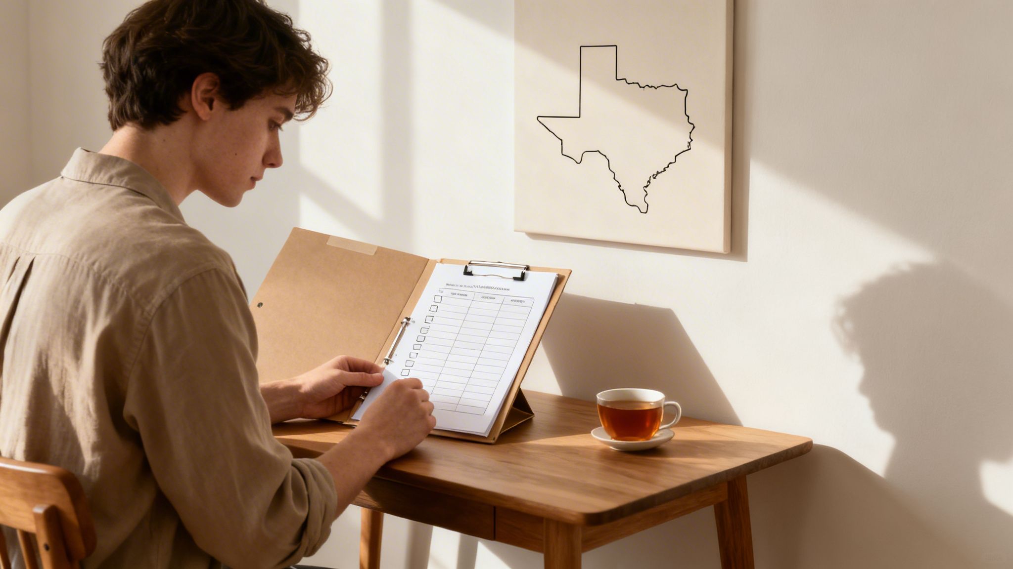 A man at a desk reviewing a document, with a Texas map on the wall.