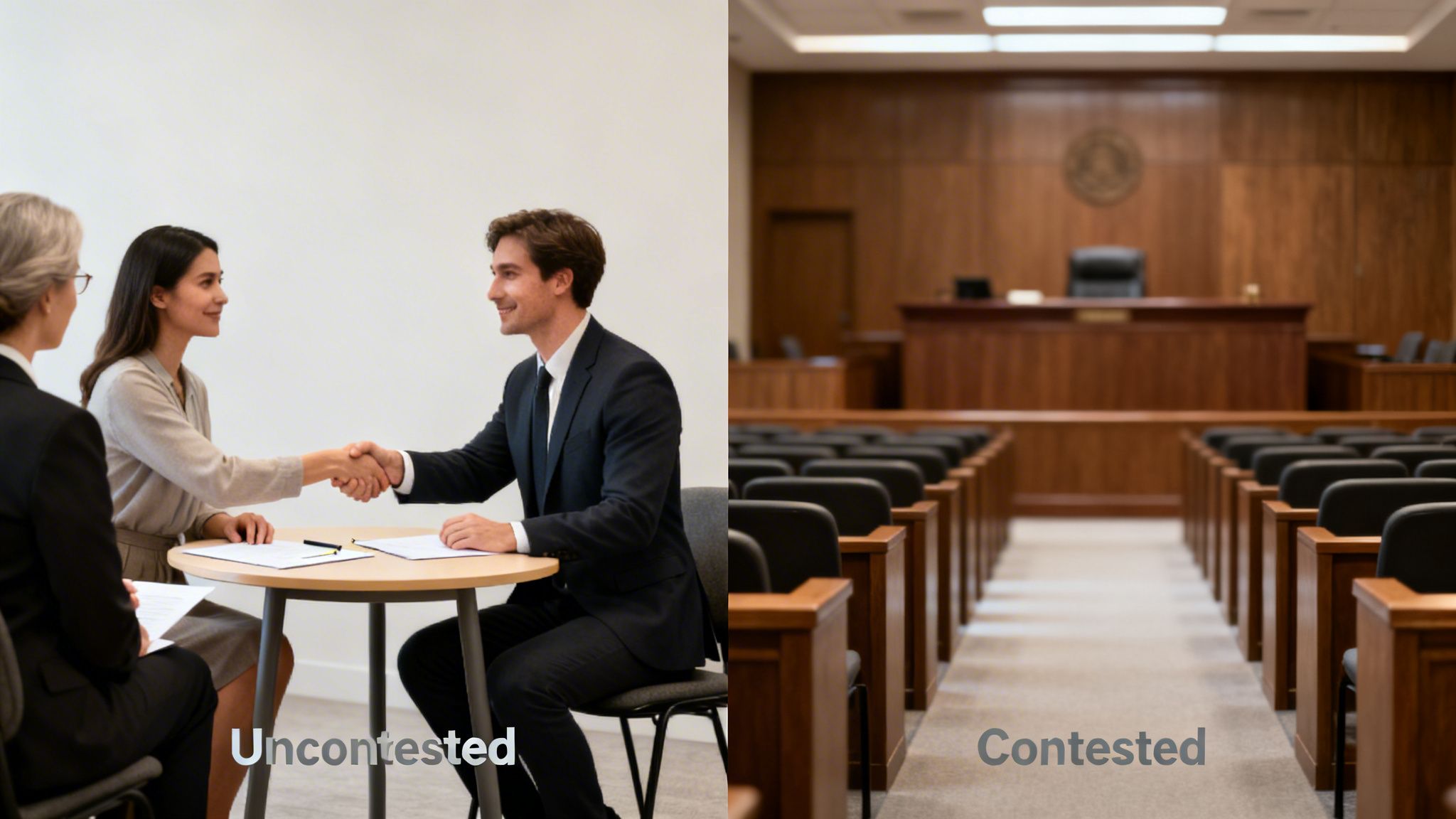 Image contrasting an uncontested divorce with a handshake agreement versus a contested divorce in an empty courtroom.