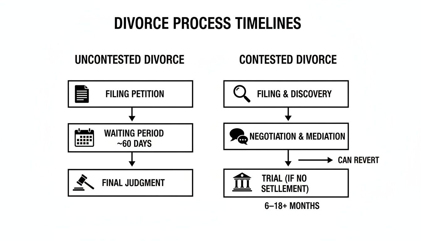 A flowchart illustrating the timelines and steps for both uncontested and contested divorce processes.