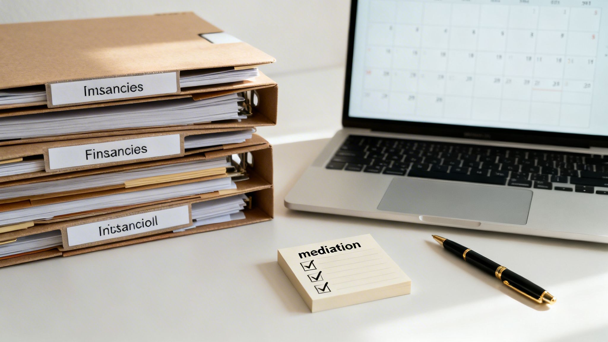Desk with folders, laptop showing calendar, a 'mediation' checklist on notepad, and a pen.