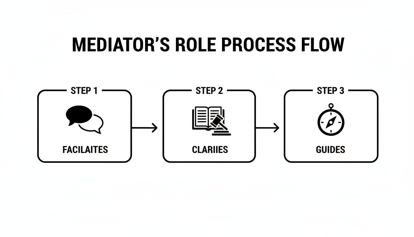 A three-step process flow diagram illustrating the mediator's role: facilitates, clarifies, and guides.