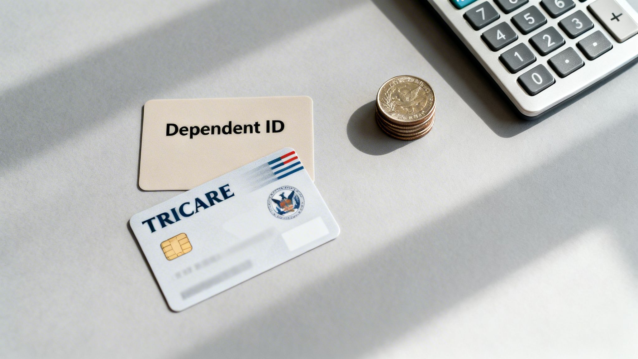 A Dependent ID card, TRICARE card, coins, and calculator on a desk, representing military family benefits.