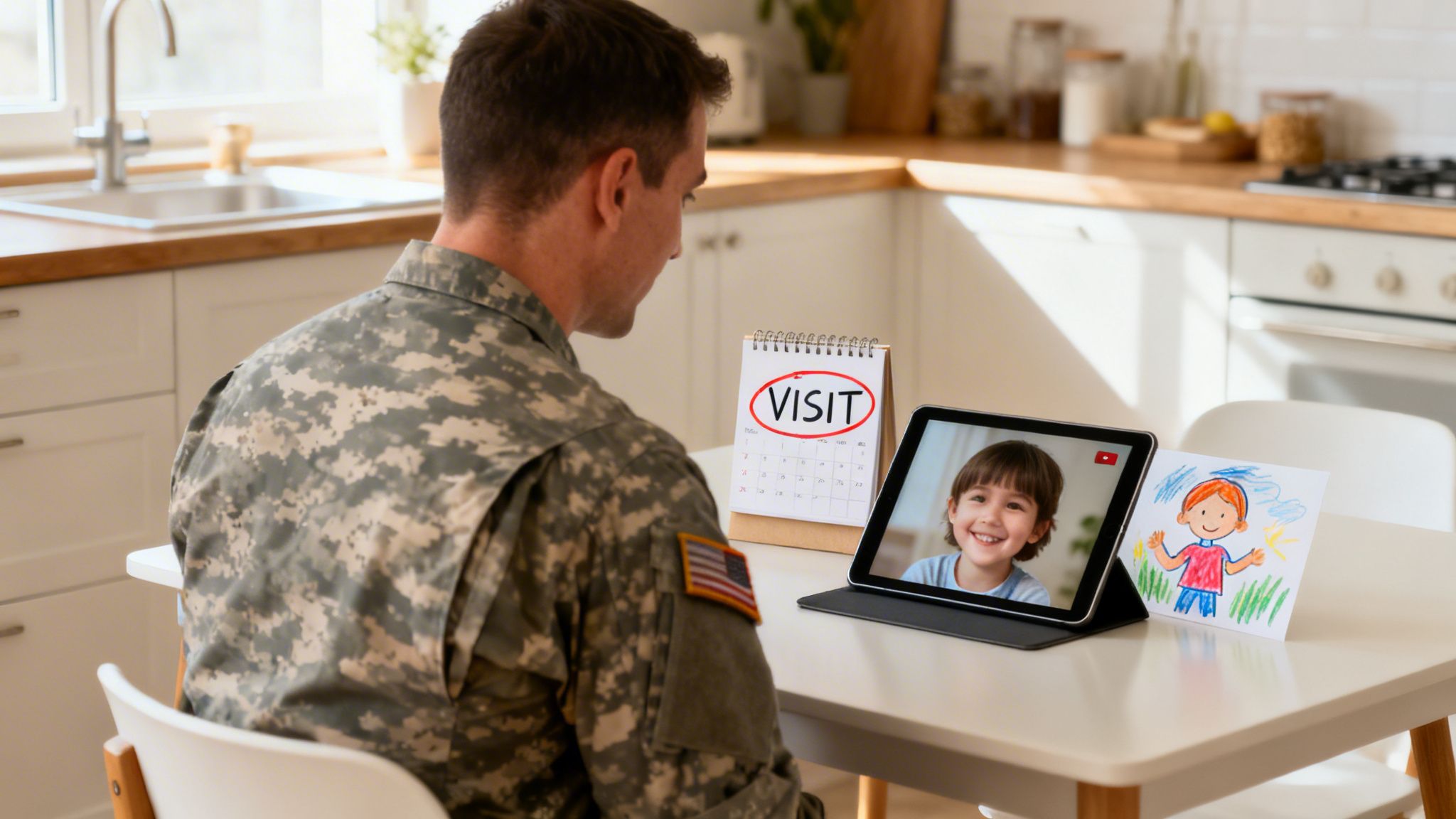 A soldier in camouflage uniform on a video call with a smiling child, with a calendar marked 'VISIT' and a child's drawing nearby.