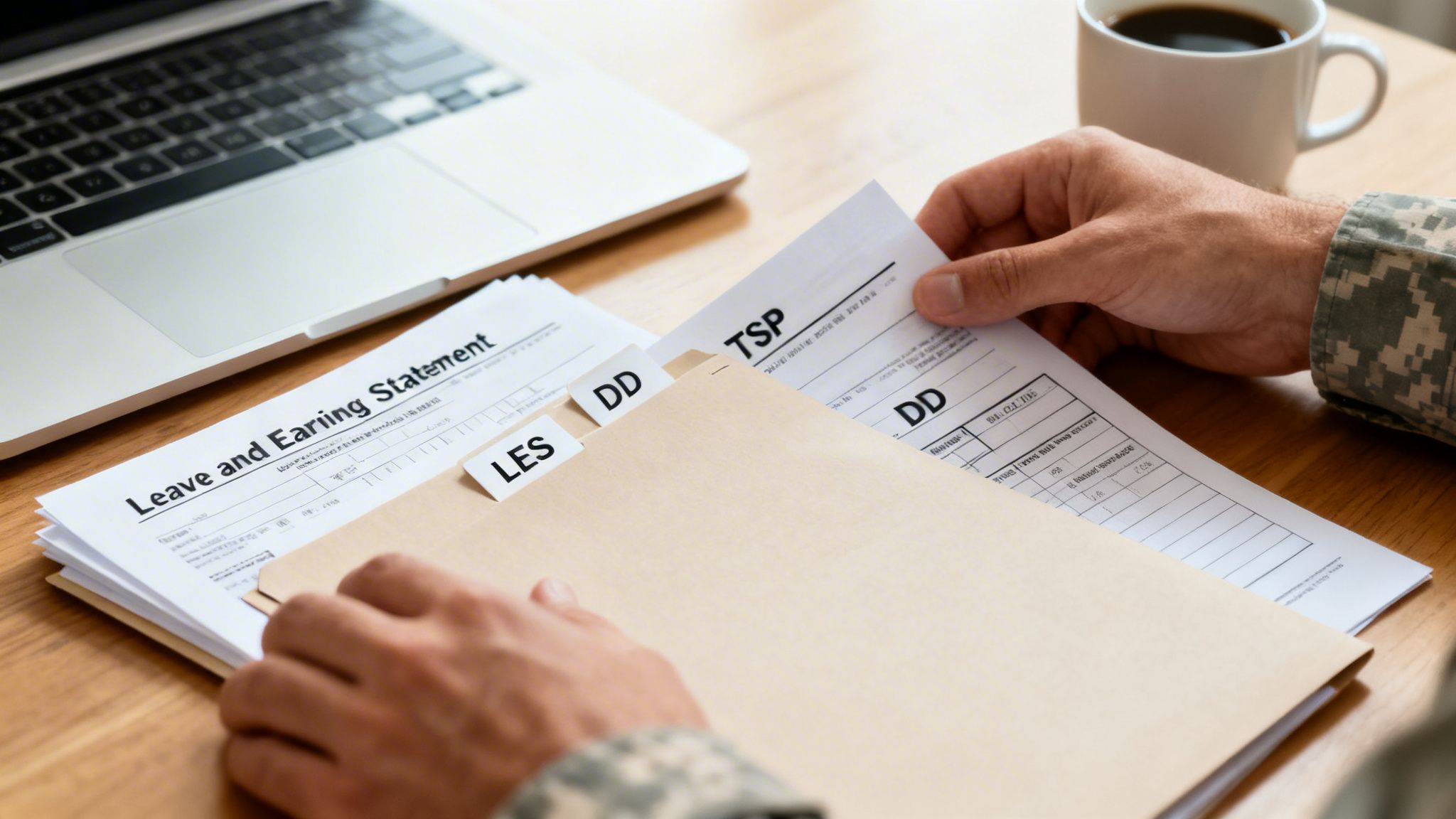 A military member organizes financial papers including a Leave and Earning Statement and TSP form.