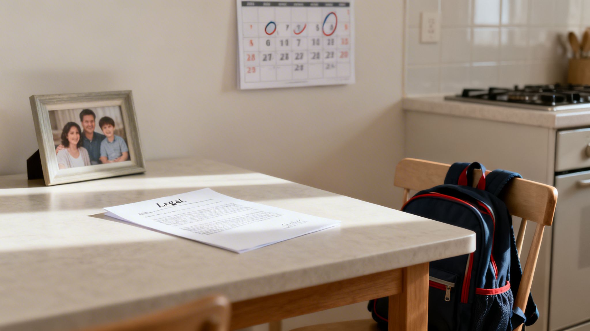 A kitchen table with a legal document, a family photo, a calendar, and a child's backpack.