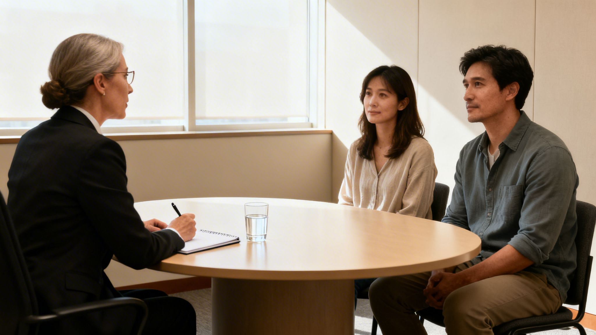 A lawyer consults with a couple at a table, taking notes in a bright office.
