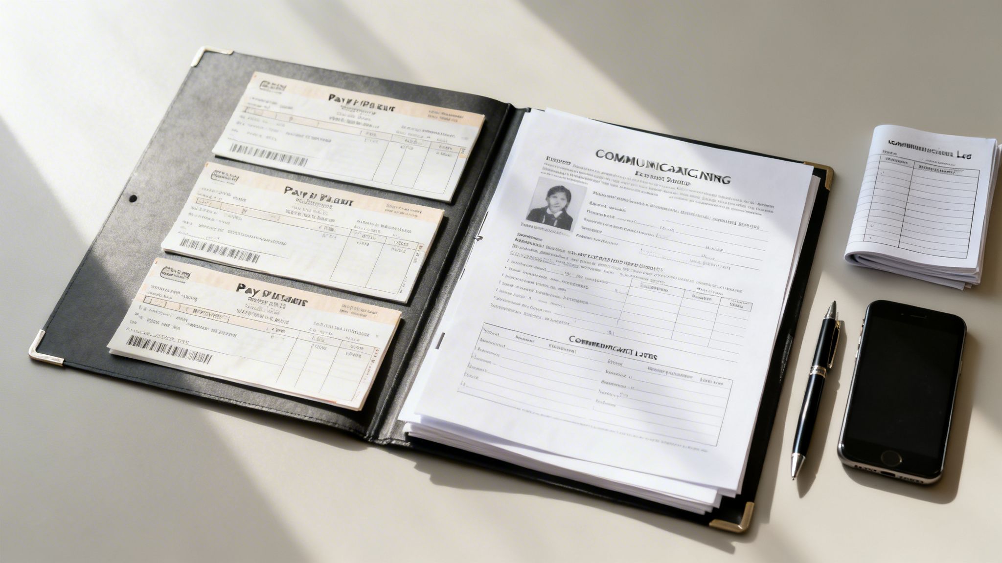 An open black folder displaying pay stubs and a resume, alongside a pen, smartphone, and notepad on a desk.