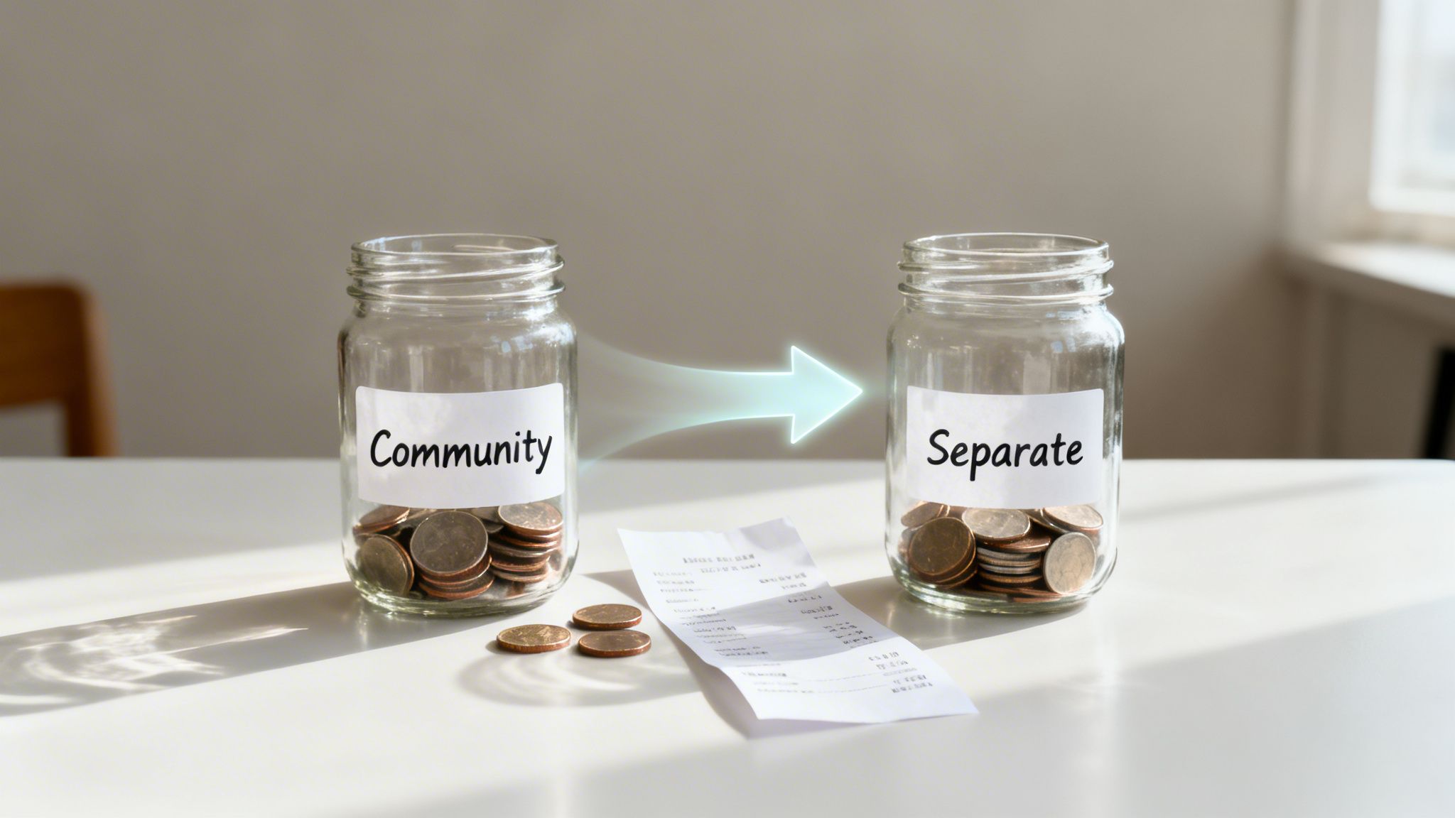 Two glass jars of coins, labeled 'Community' and 'Separate,' with an arrow pointing between them.