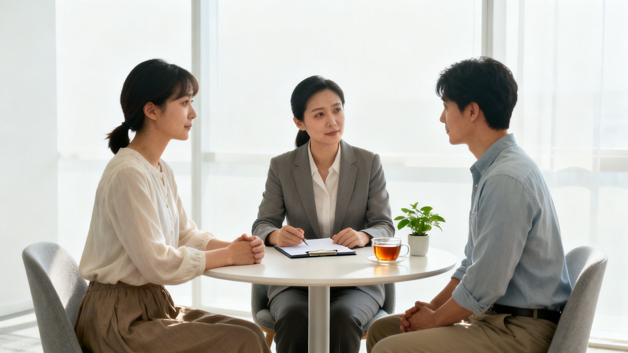 A professional woman advises a couple at a round table in a bright, modern office.