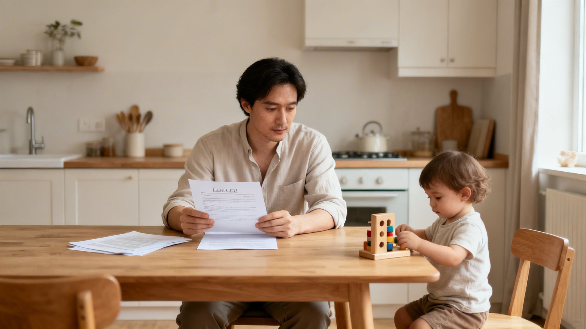An Asian father reads a document titled 'LIFE GOAL' while his toddler plays with blocks at a kitchen table.