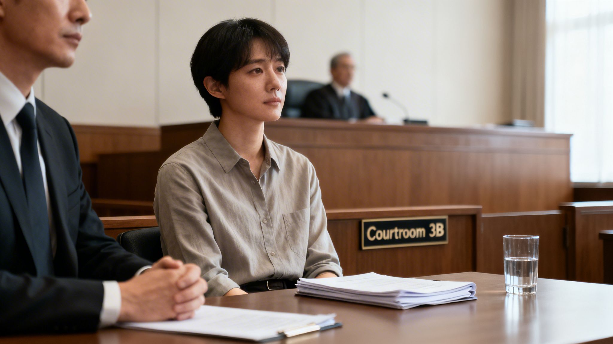 A client and lawyer attend a courtroom hearing, with a judge presiding in the background.