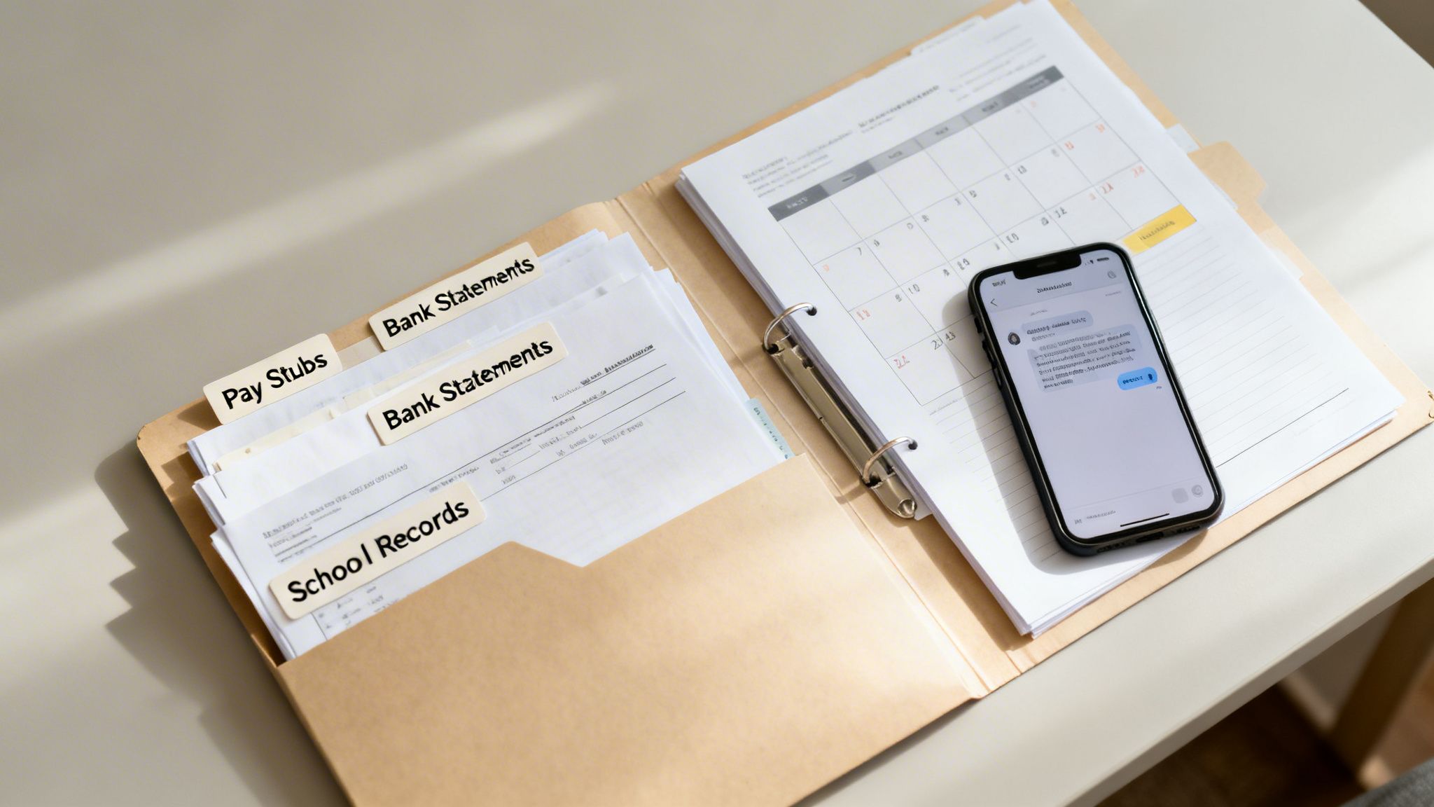 A folder filled with financial and school documents, accompanied by a smartphone on a desk.