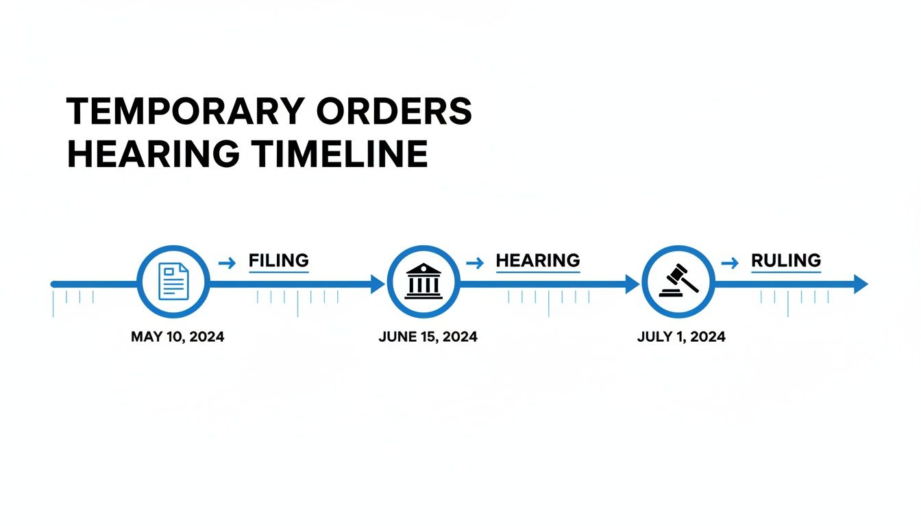 Timeline for temporary orders hearing: Filing May 10, Hearing June 15, Ruling July 1, 2024.