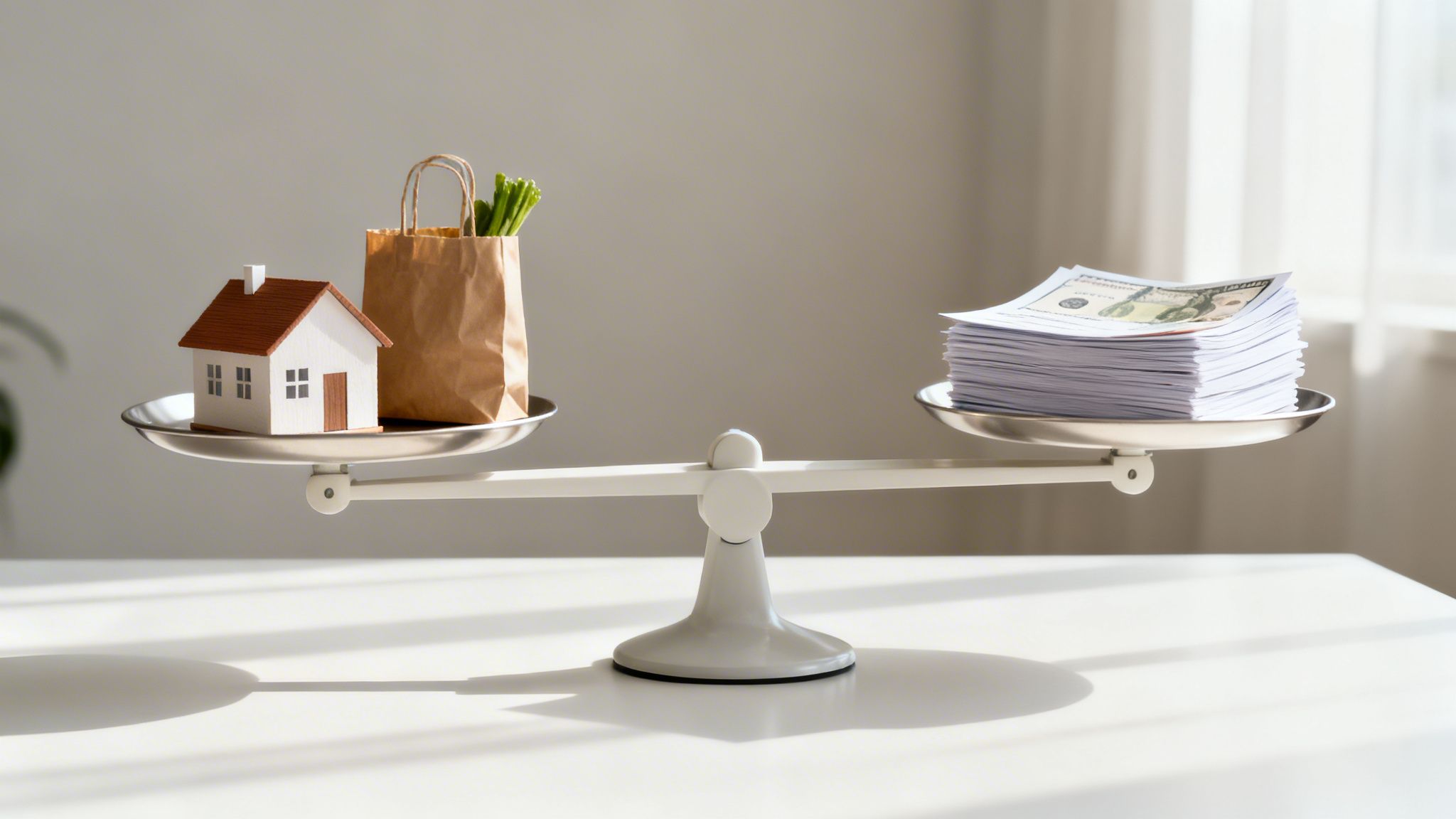 Balance scale showing a miniature house and groceries weighed against a large stack of money.