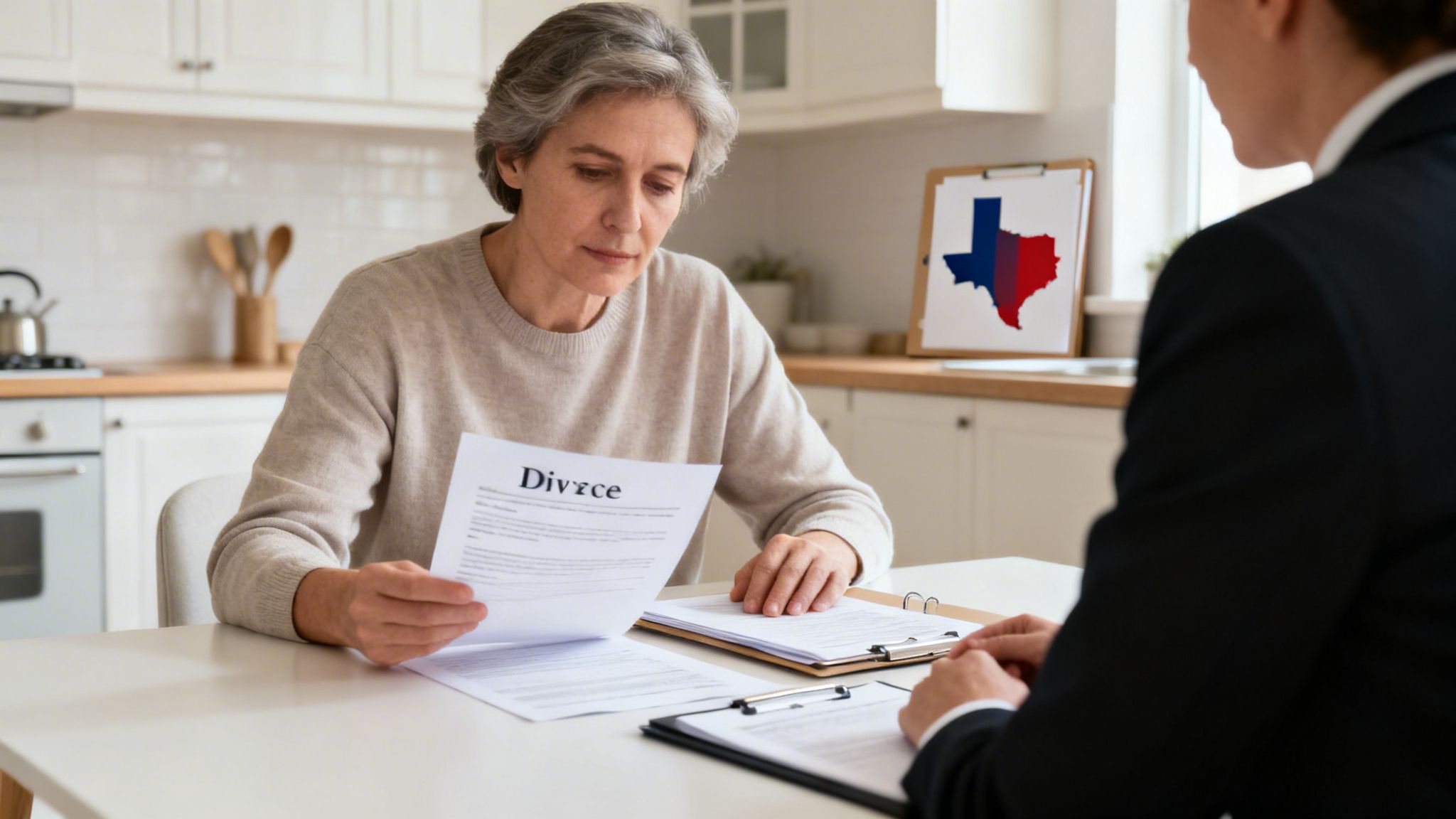 An older woman reviews divorce papers with a lawyer, a Texas map visible nearby.