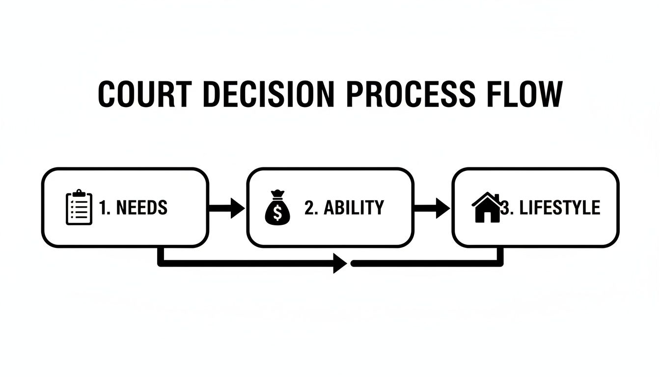 A flowchart illustrates the court decision process flow, detailing steps: Needs, Ability, and Lifestyle.