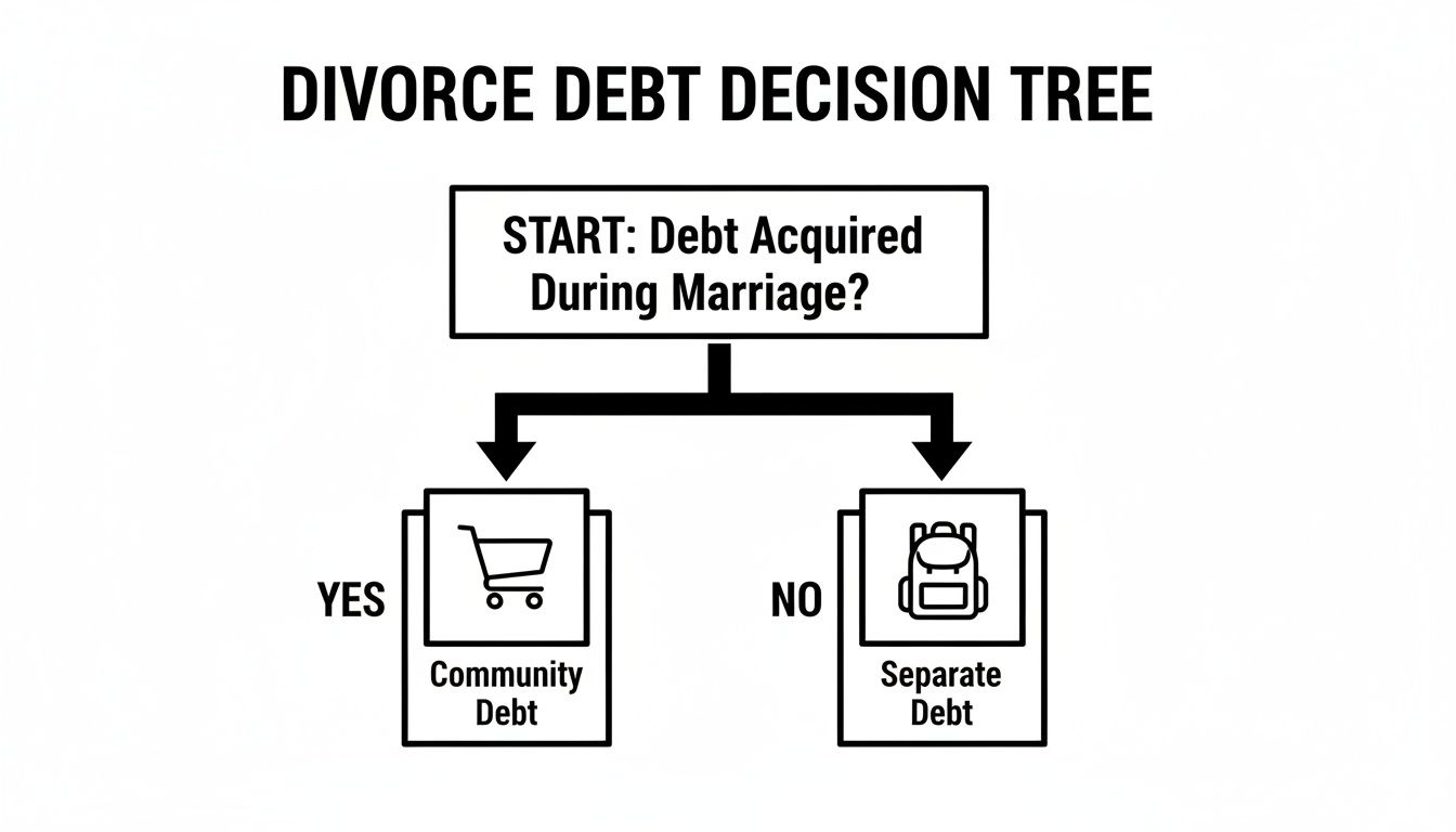 Decision tree illustrating divorce debt classification: community debt if acquired during marriage, separate if not.