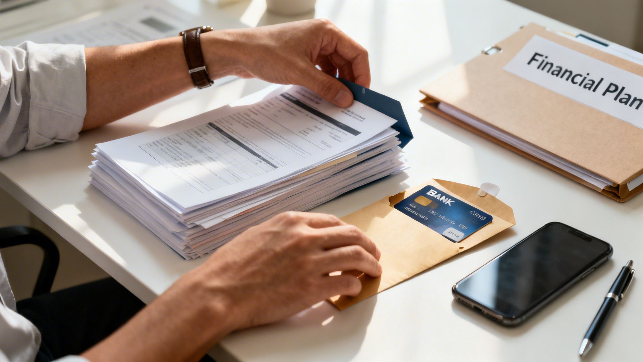 Hands organizing financial documents, a credit card, and a smartphone on a white desk with a 'Financial Plan' folder.