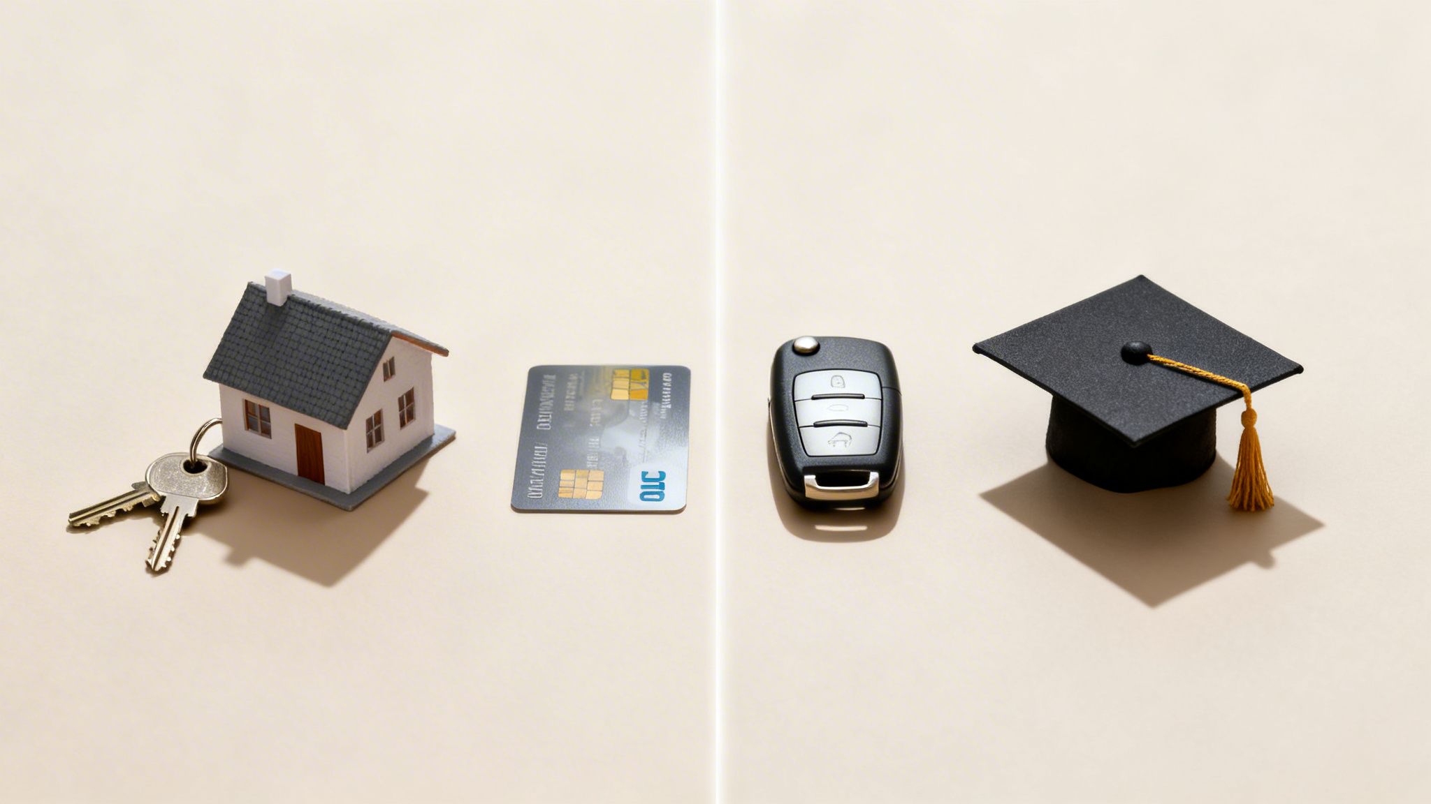 Symbolic items representing significant life milestones and financial decisions: home, credit, car, and education.
