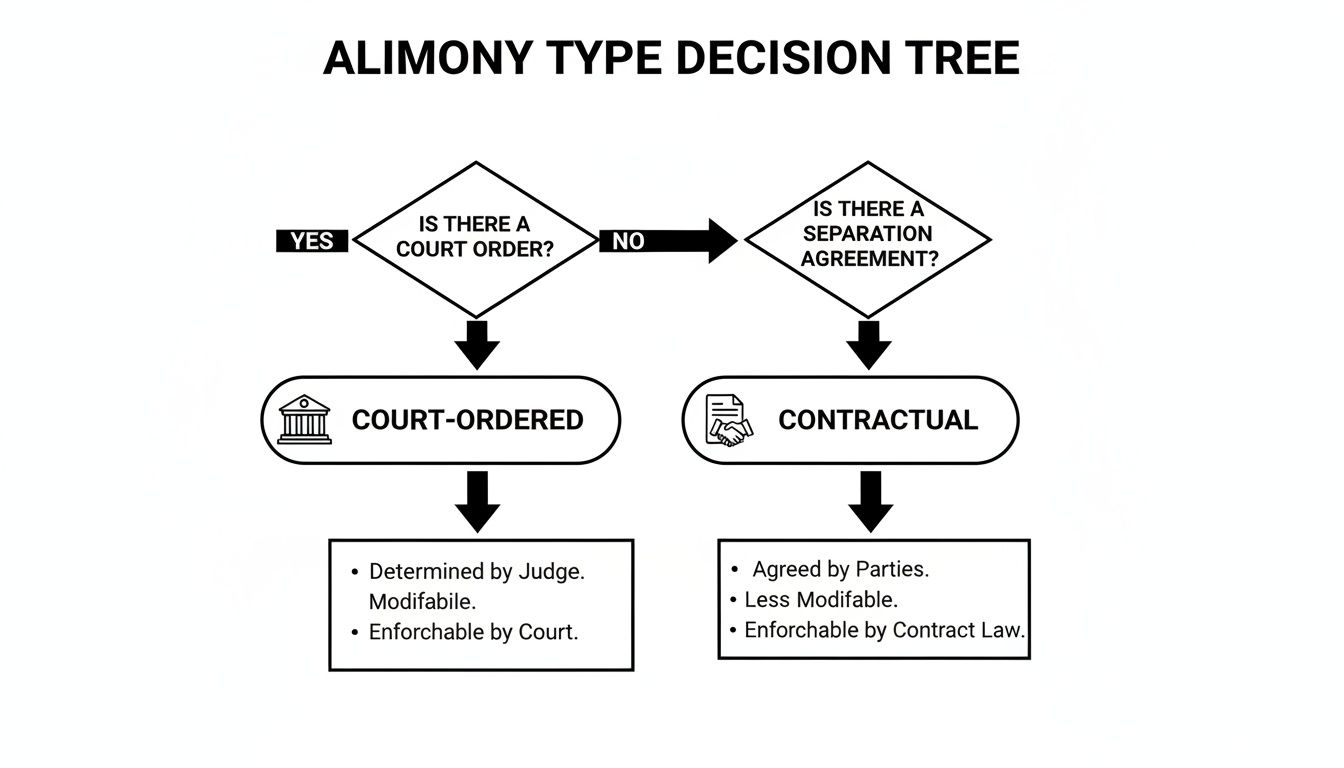 Alimony type decision tree flowchart showing court-ordered and contractual alimony details.