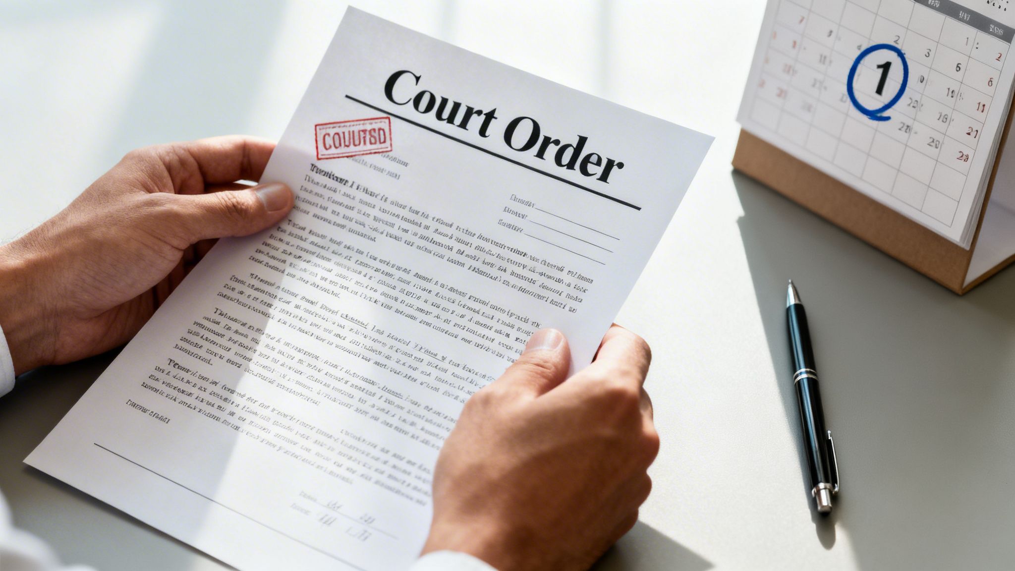 A person holds a court order document with a calendar and pen on a desk.