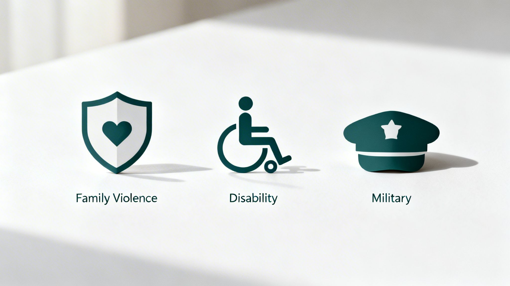 Three teal icons depicting a shield with heart for family violence, a wheelchair for disability, and a military cap.