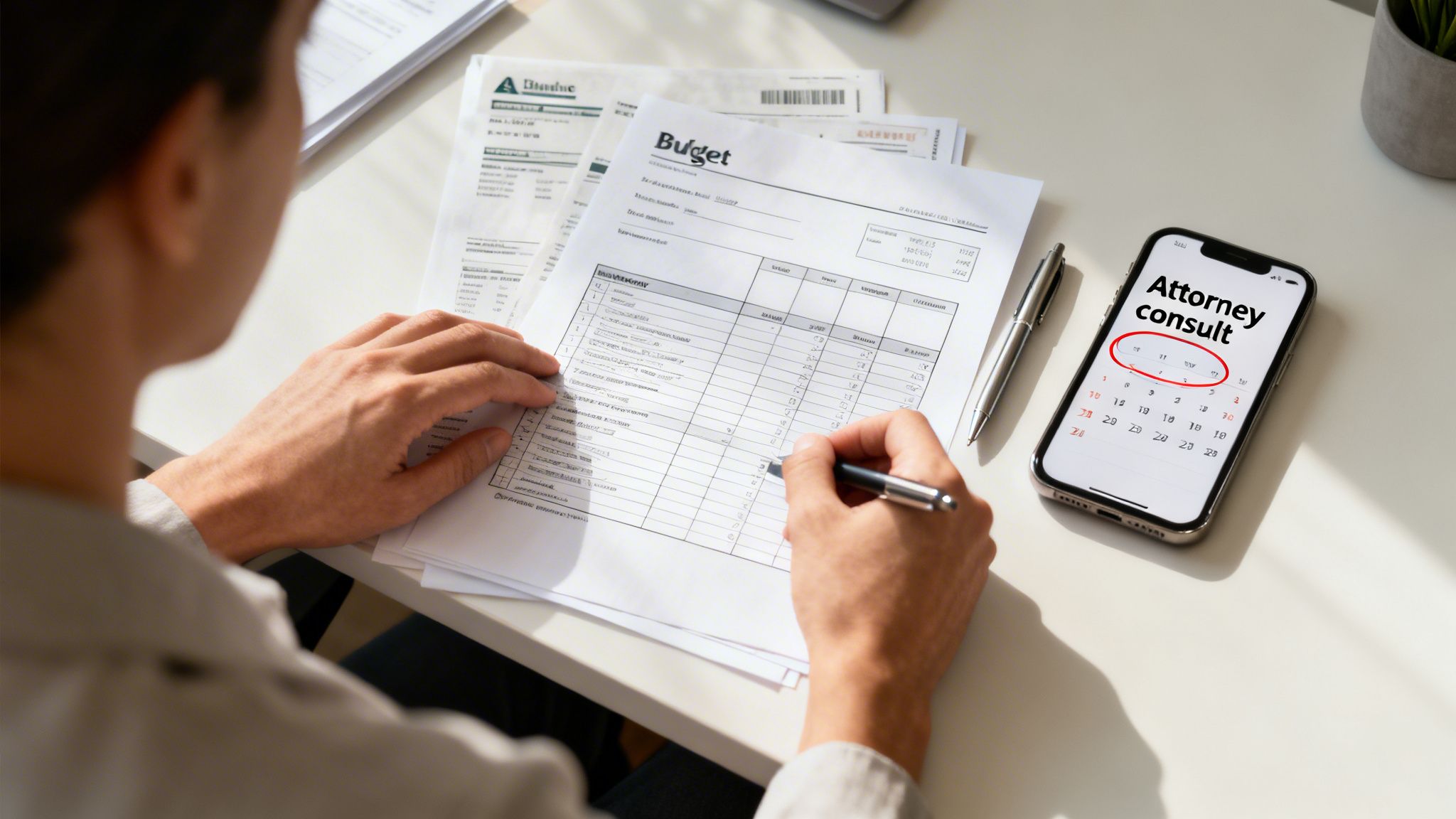 A person reviews a budget document with a pen, while a phone displays an 'Attorney consult' calendar.