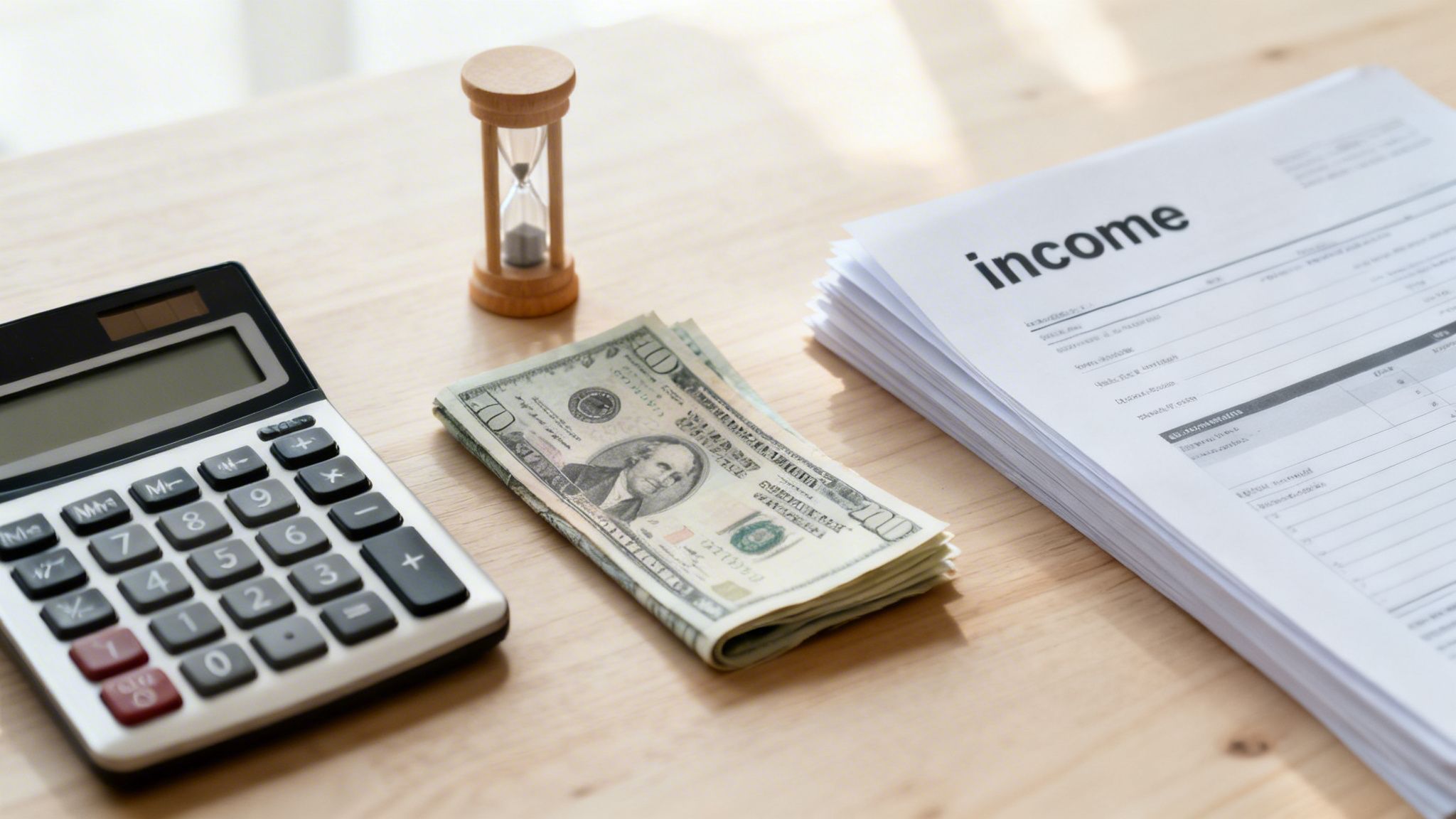 Close-up of a calculator, US dollars, hourglass, and income tax documents on a wooden table.