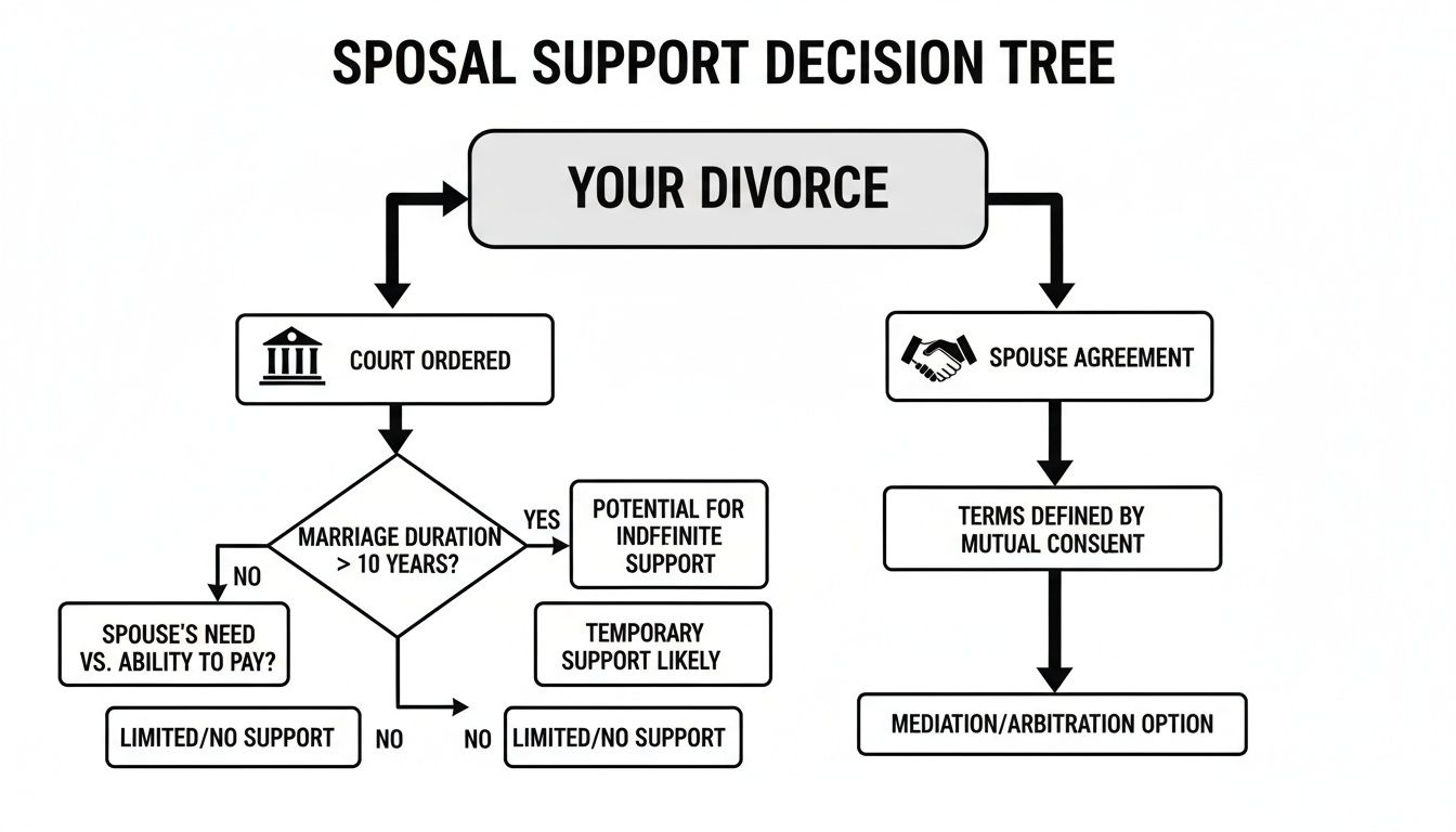A decision tree illustrating court-ordered and agreement-based spousal support options in divorce.