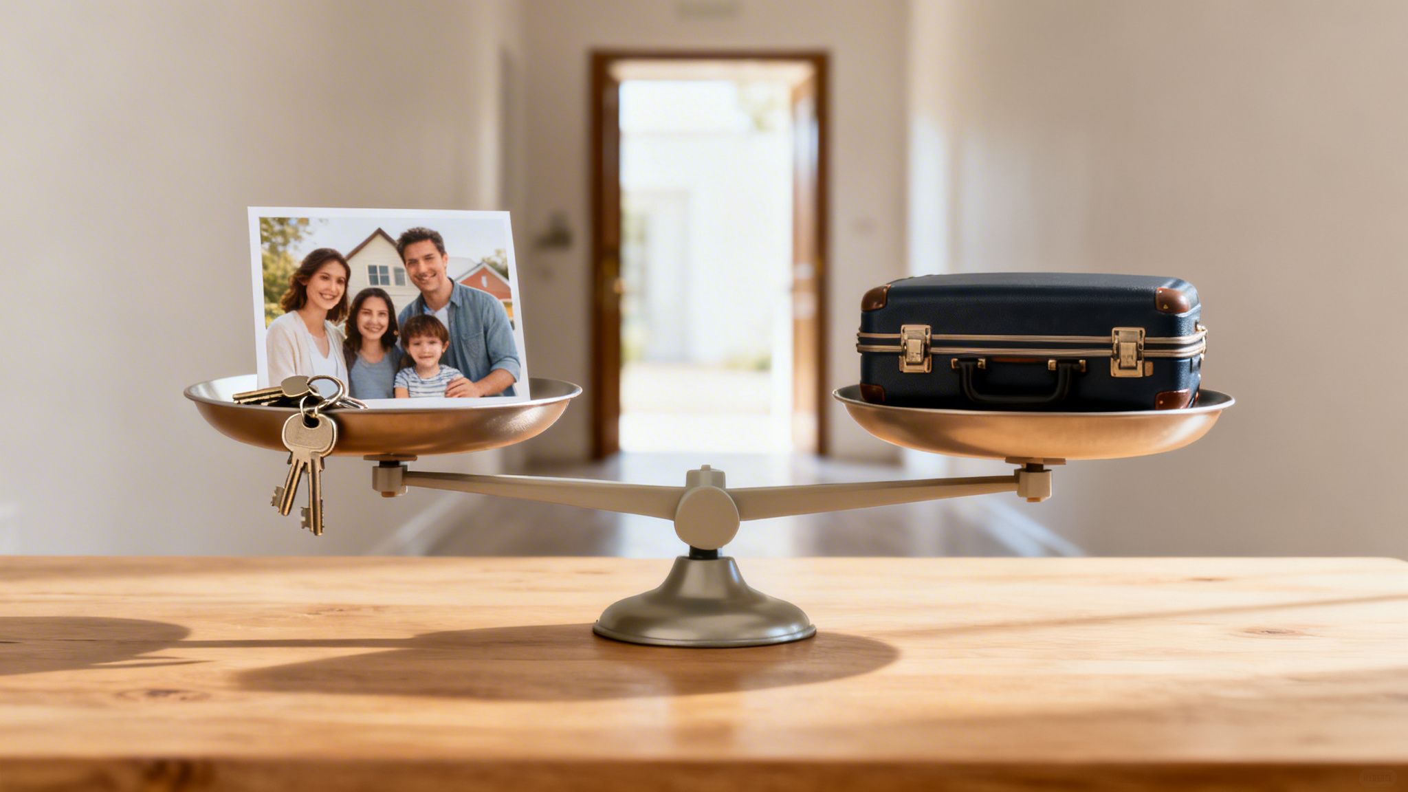 A balance scale weighs a happy family photo and house keys against a small travel suitcase, symbolizing life choices.