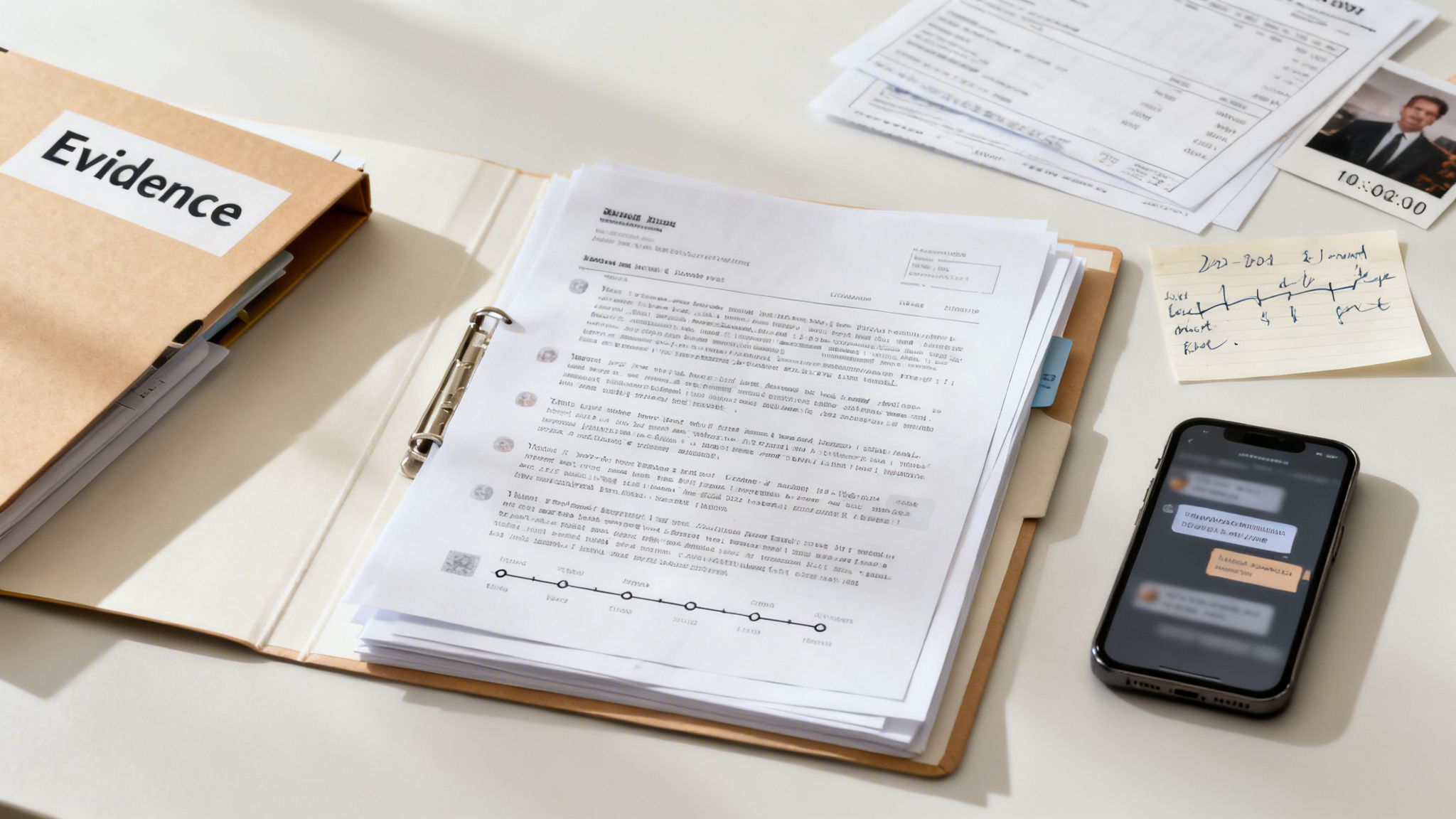 An overhead shot of a desk with legal documents, an evidence folder, a smartphone, and a timeline.