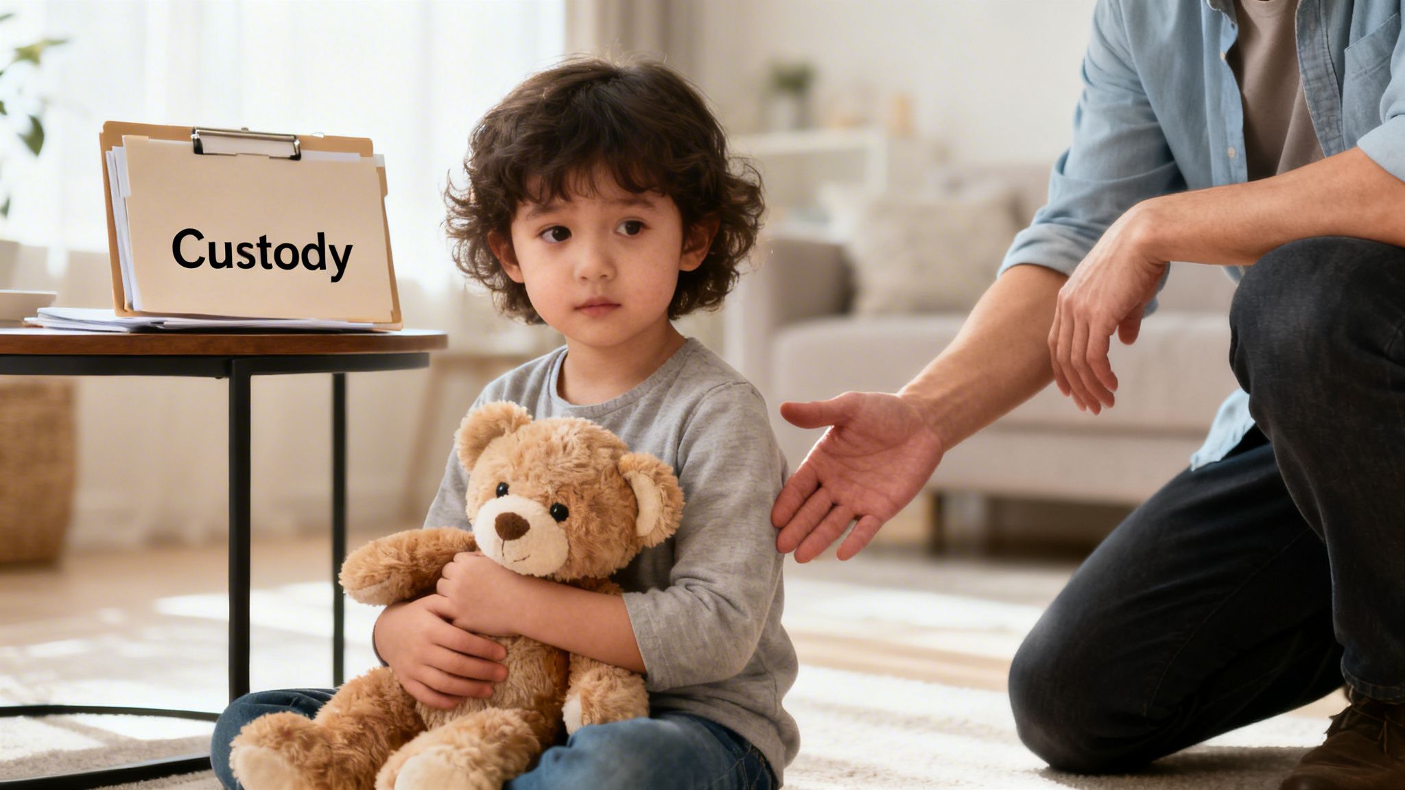 A sad child holding a teddy bear, with an adult's hand reaching out and a 'Custody' file on a table.