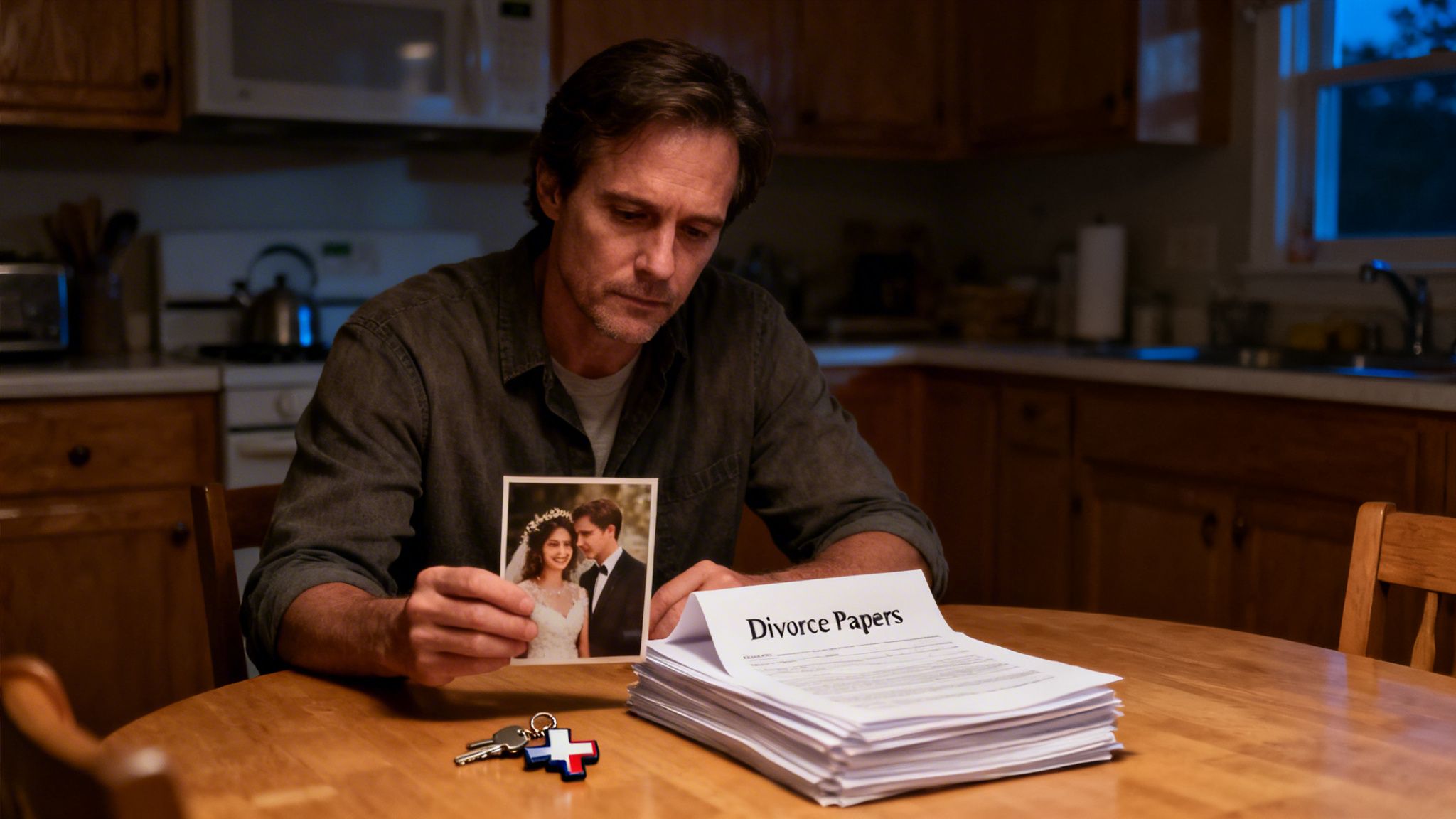 A man sadly holds a wedding photo next to divorce papers and keys on a kitchen table.