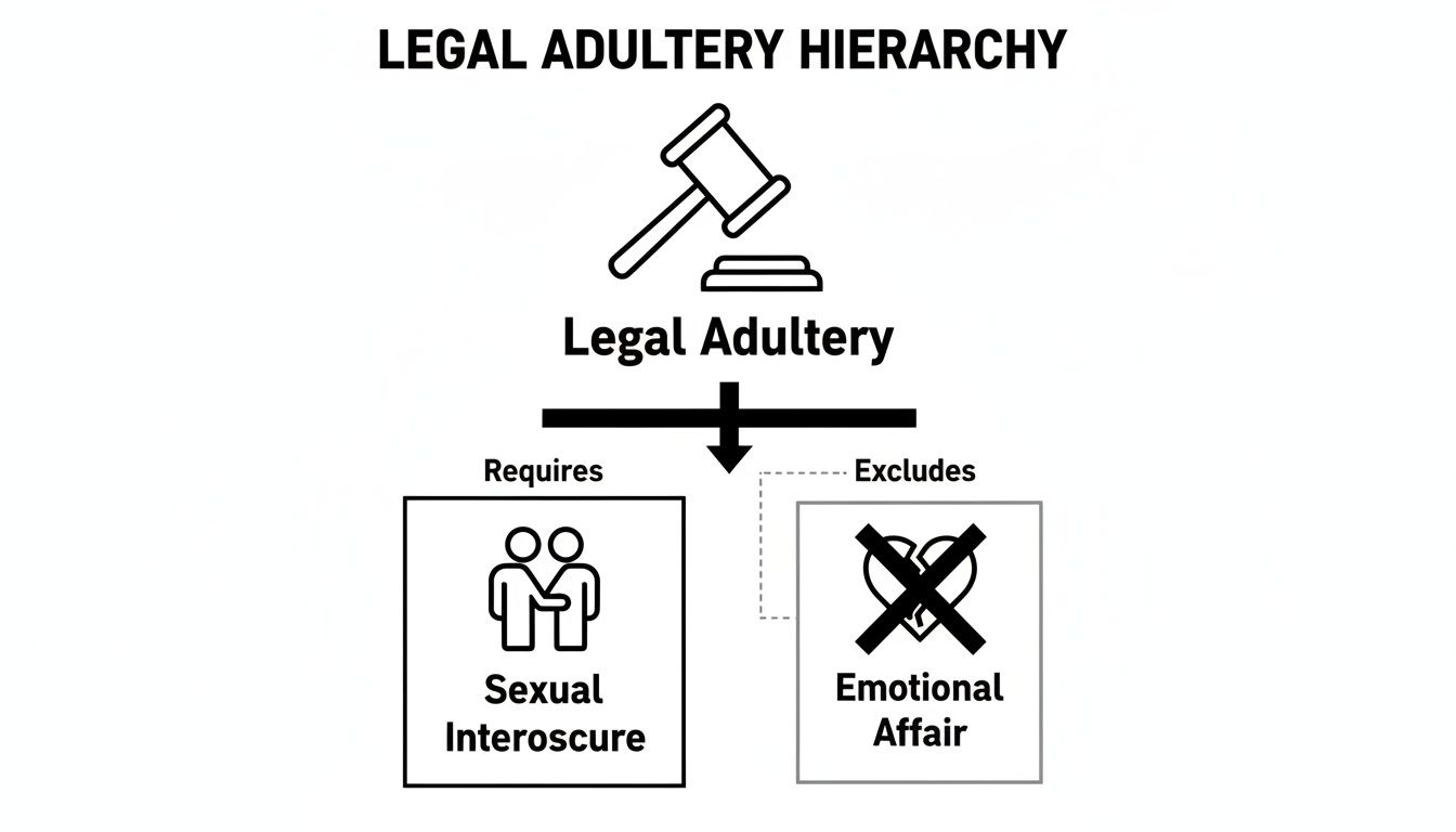 Diagram illustrating legal adultery, showing it requires sexual intercourse and excludes emotional affairs.