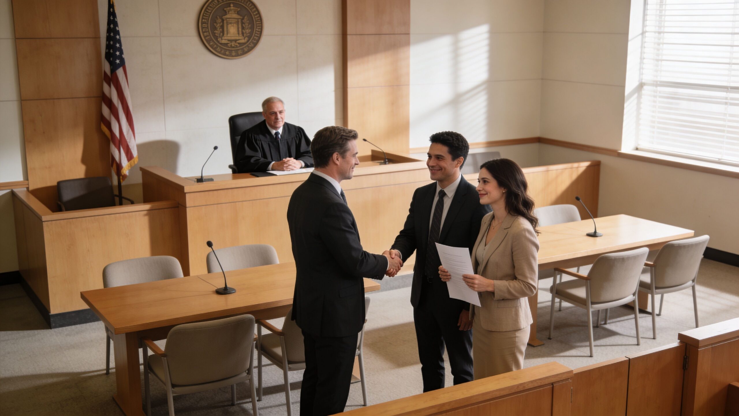 A professional man and woman shake hands in a courtroom while a judge watches from the bench.