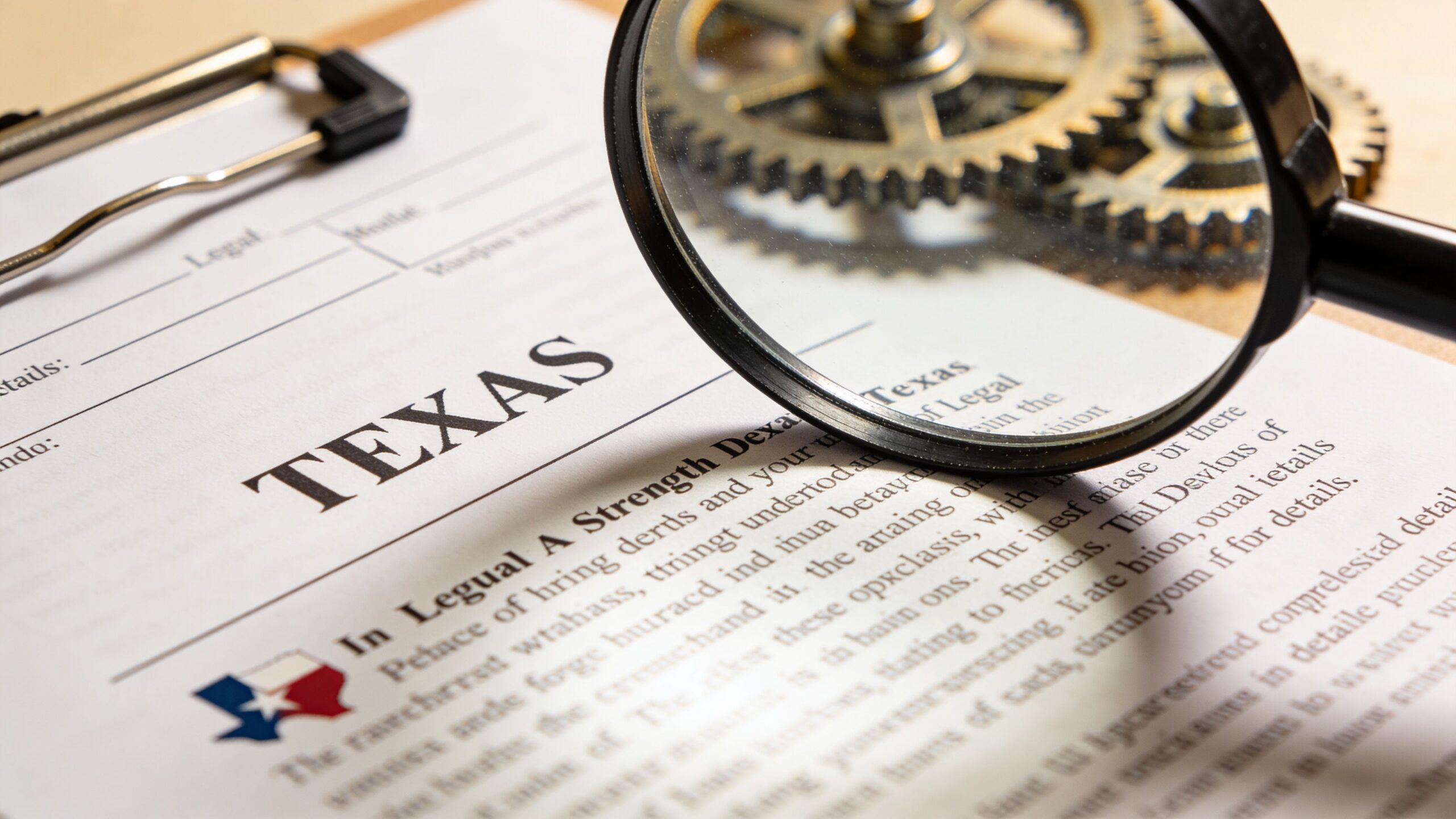 A magnifying glass positioned over a legal document titled Texas with gears visible in the background.