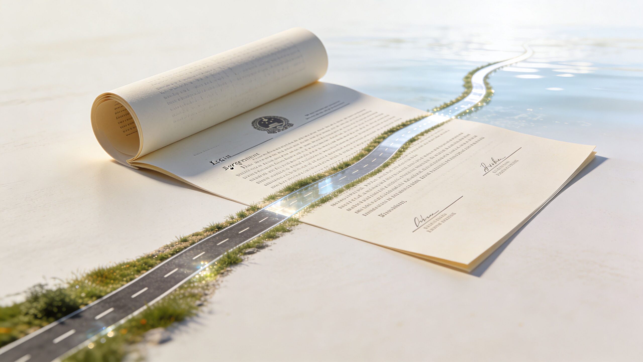A conceptual image of a rolled legal agreement paper turning into a road extending into the distance.