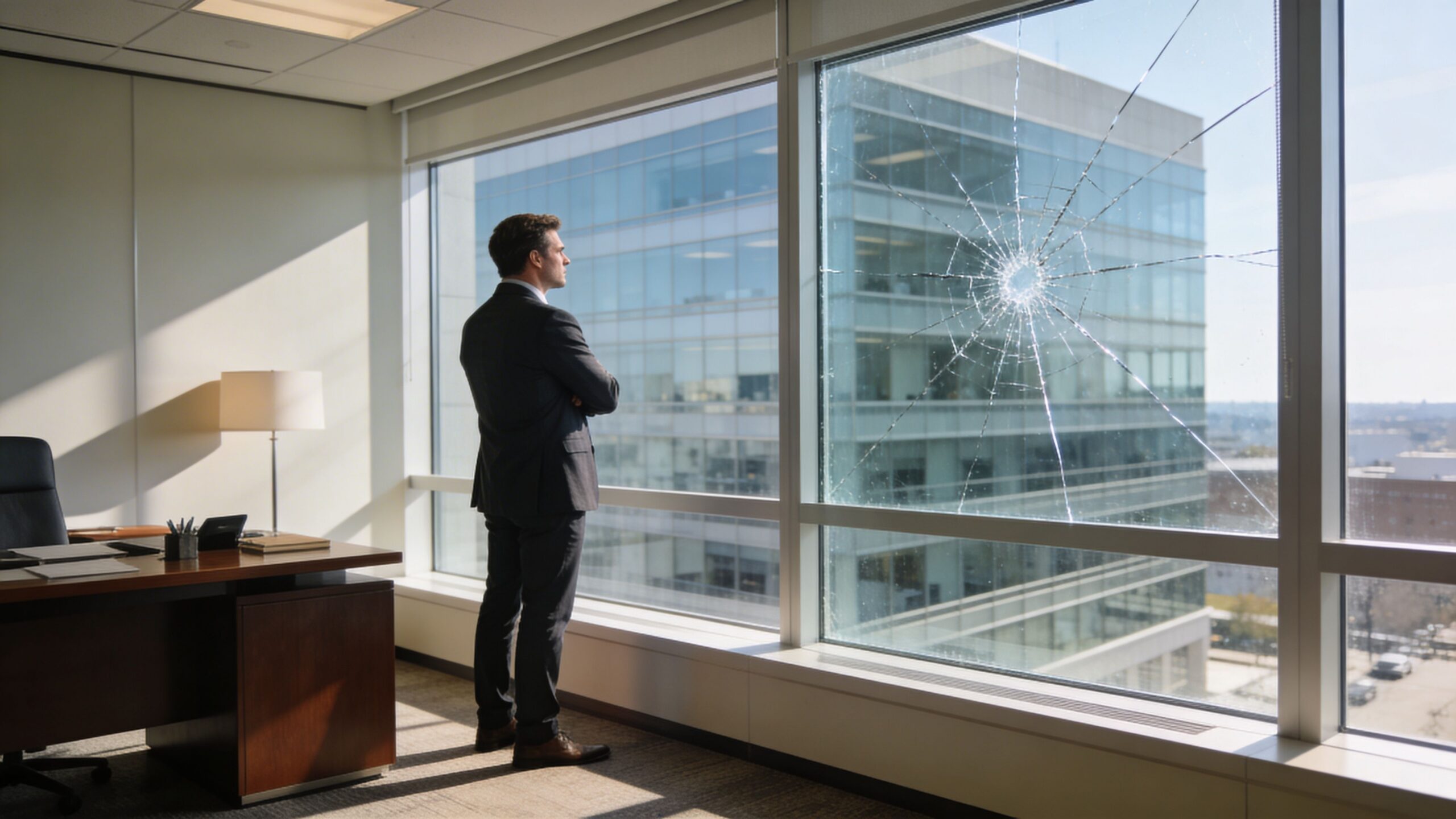 A professional man in a suit looking out of an office window with a shattered glass pane.