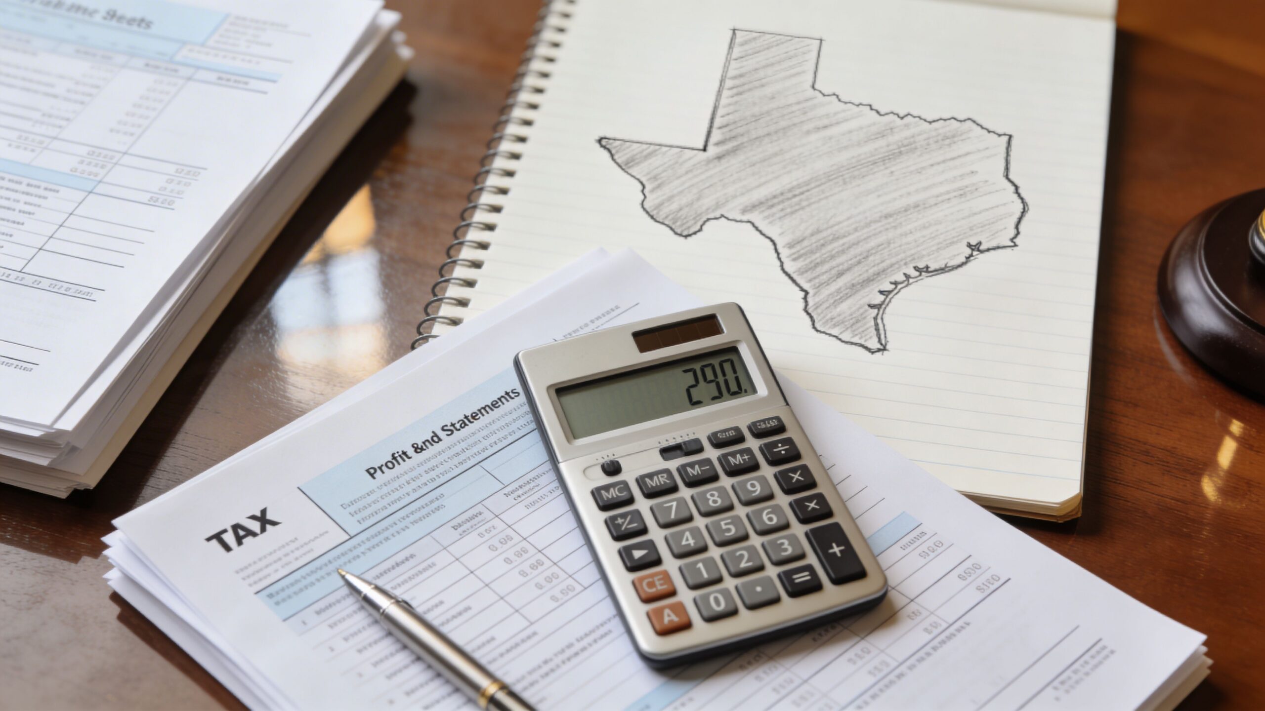 A calculator on tax profit and statement documents next to a sketch of the state of Texas.