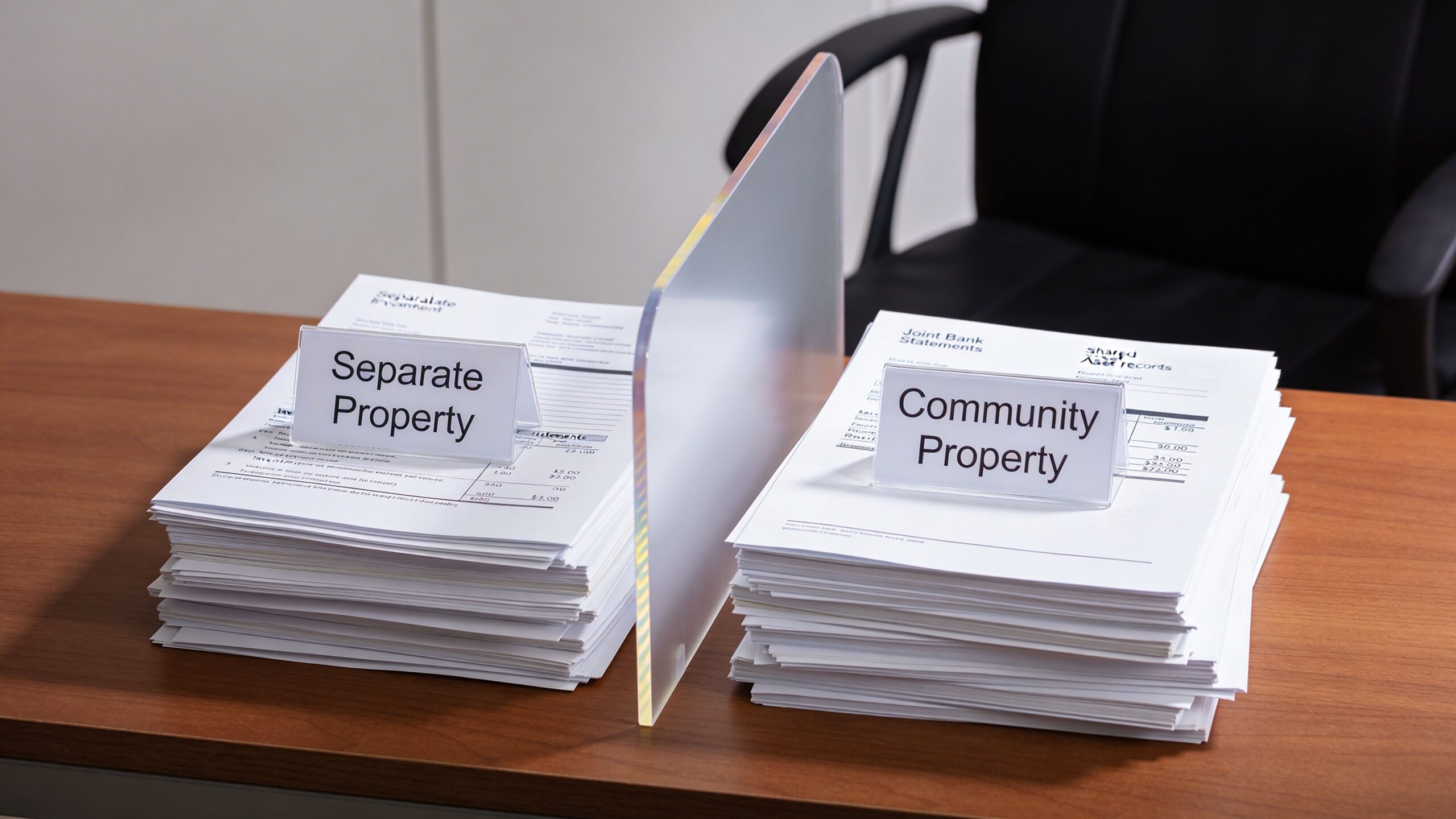 Separated piles of financial documents labeled as separate property and community property on a desk.