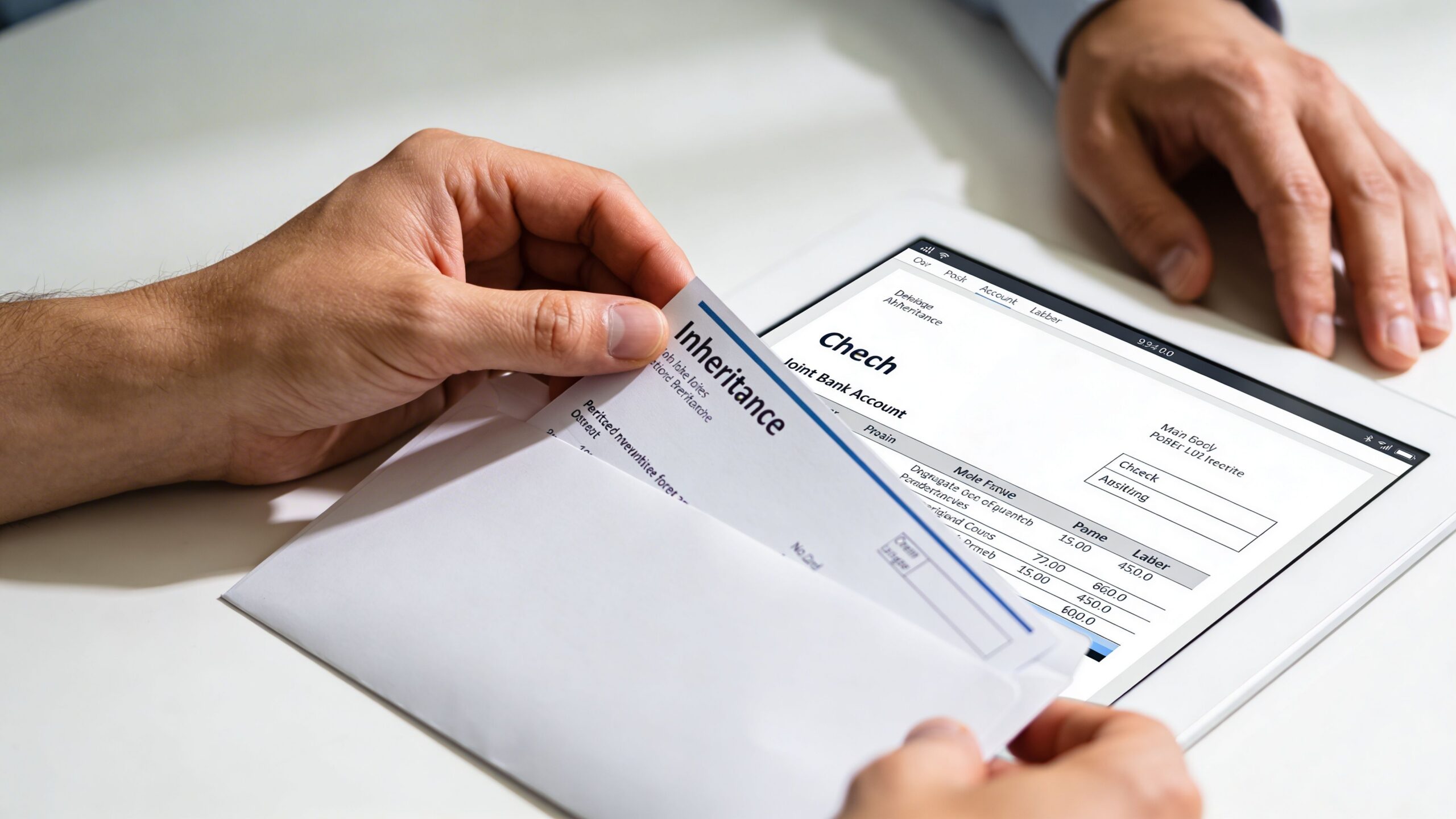 A person holding an inheritance document over a digital tablet displaying financial account information for divorce proceedings.