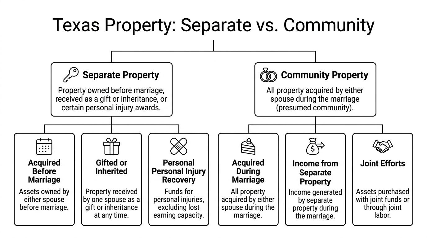 A flowchart explaining the difference between separate and community property under Texas law with examples.