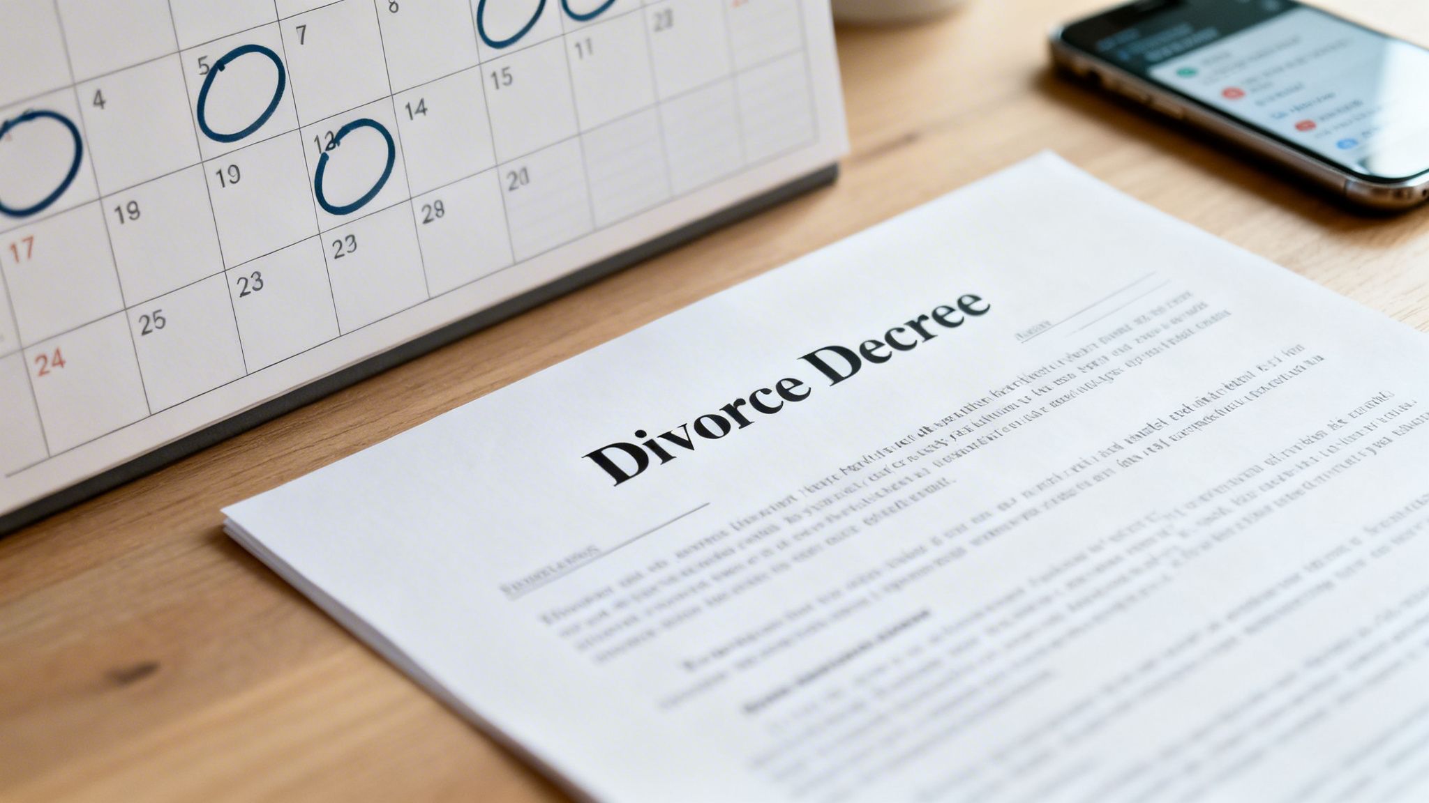 Divorce Decree document with a calendar showing circled dates, and a smartphone, symbolizing legal proceedings.