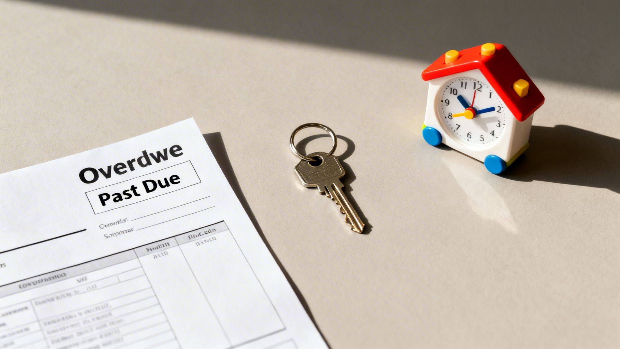 A document marked 'Overdue Past Due' next to a house-shaped clock and a key.