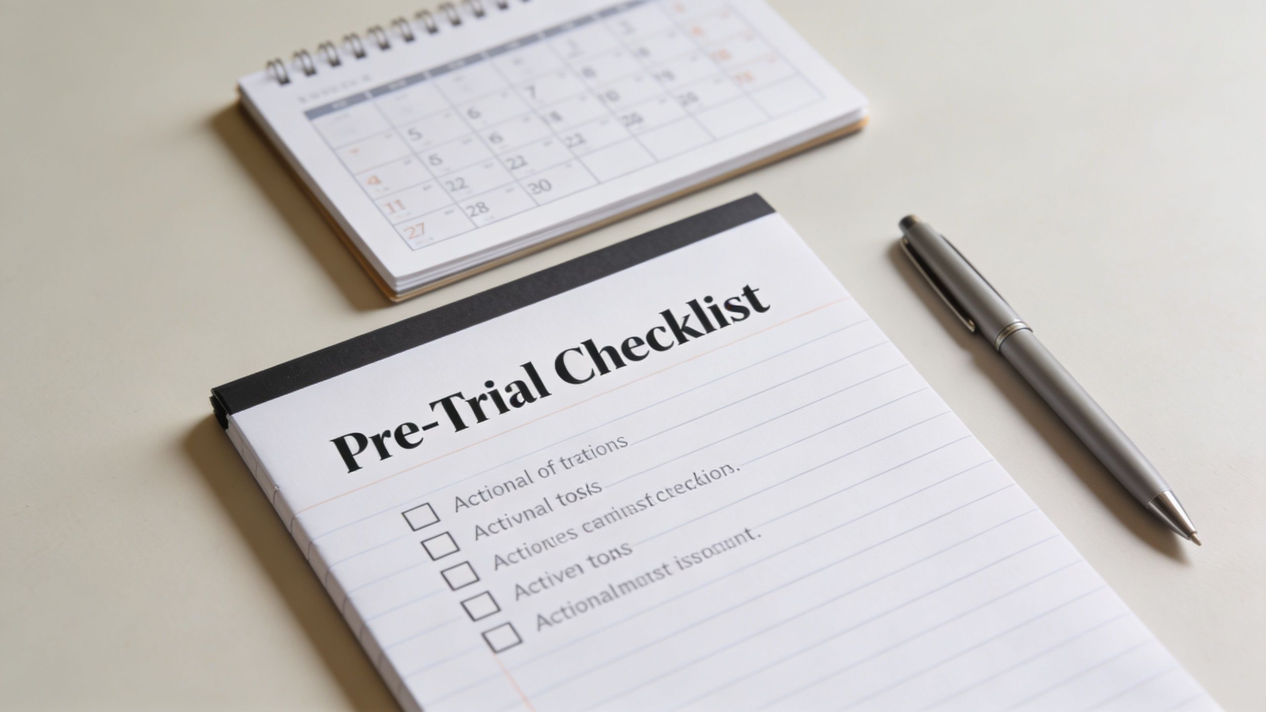 A notepad labeled Pre-Trial Checklist next to a pen and a calendar on a desk.